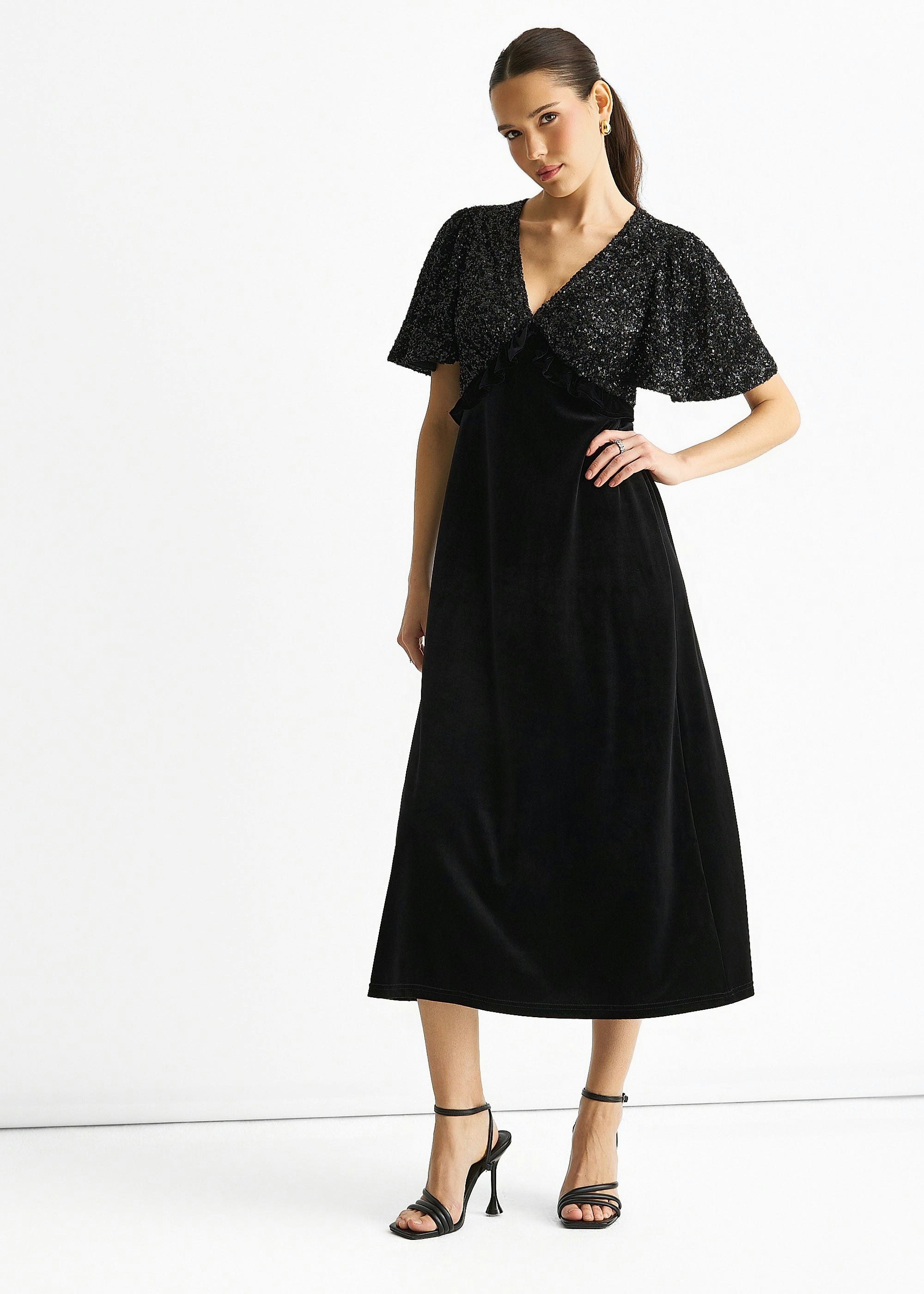 Gini London Black Sequin Top Premium Velvet Occasion Midi Dress - Uk 10 / Us 6 / Eu 38