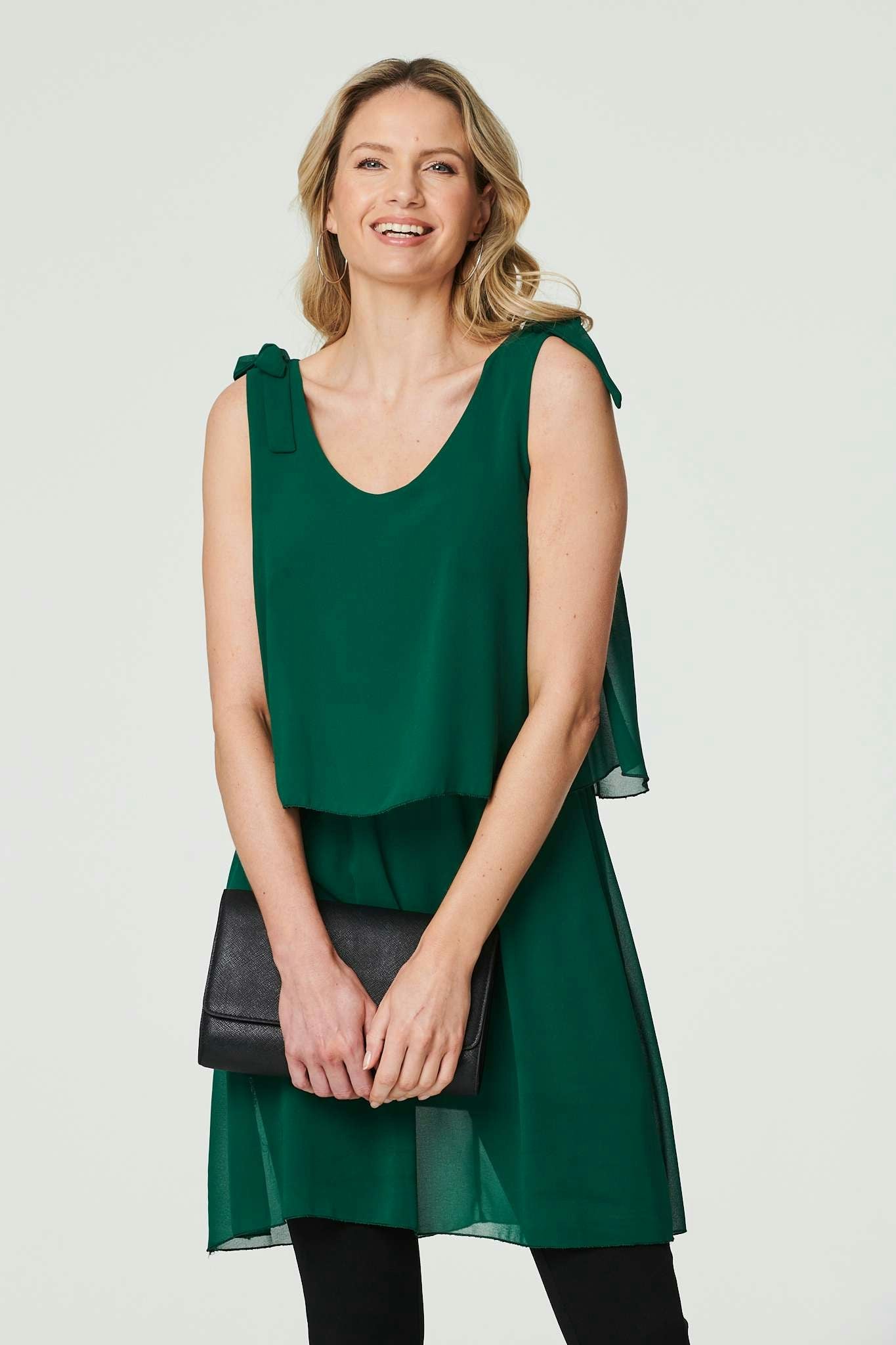 Izabel London Green Semi Sheer Short Tiered Tunic - 12