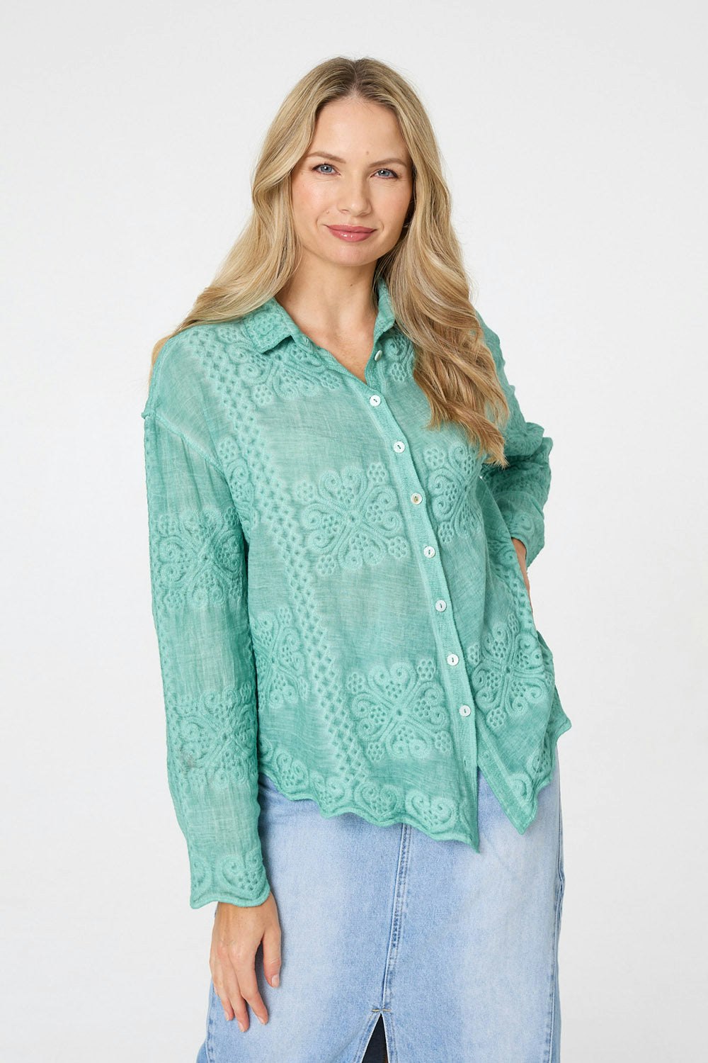 Izabel London Embroidered Textured Long Sleeve Shirt - S/M - Sage