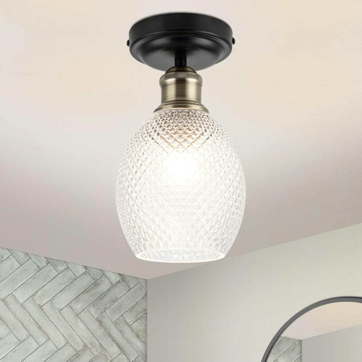 Cosylyte Light/Black Auburn Bathroom Faceted Glass Ceiling Flush - Matt