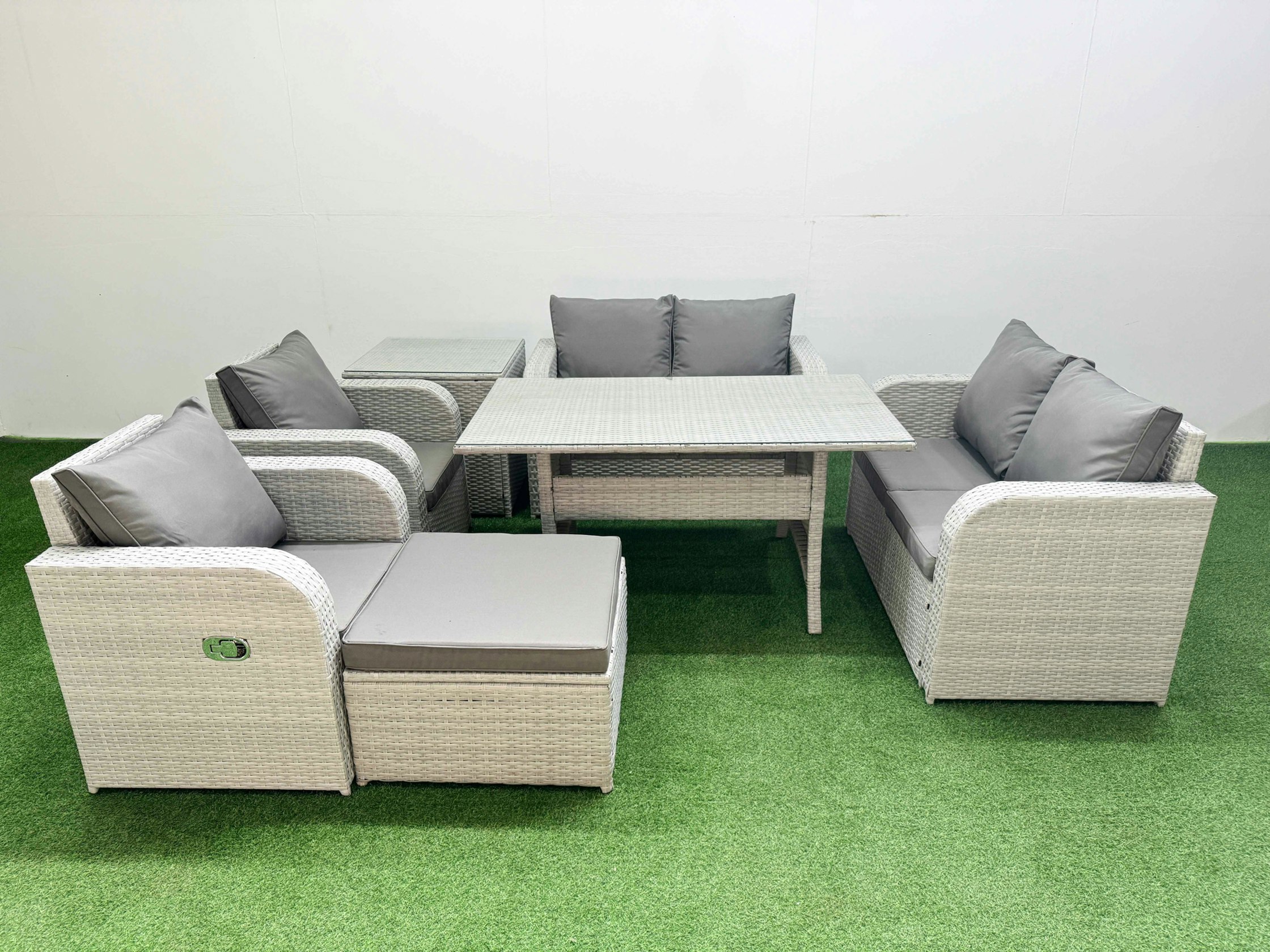 Rackhams Light/Grey 7 Seater Outdoor Reclining Chair Love Sofa Set Rattan Garden Furniture Set With Rectangular Dining Table Footstool Side Table