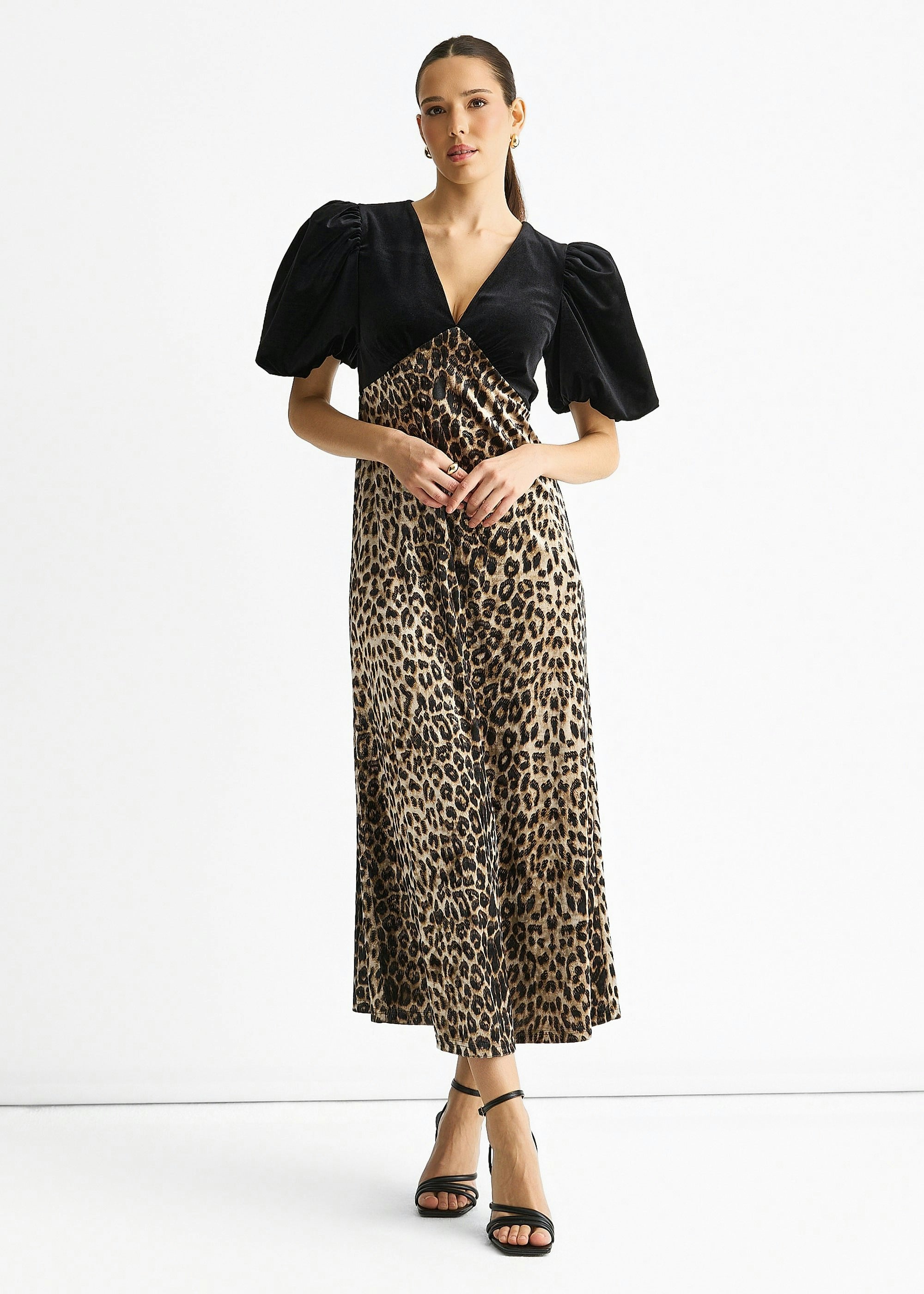 Gini London Black Animal Velvet Contrast Top Occasion Midi Dress - Uk 14 / Us 10 / Eu 42
