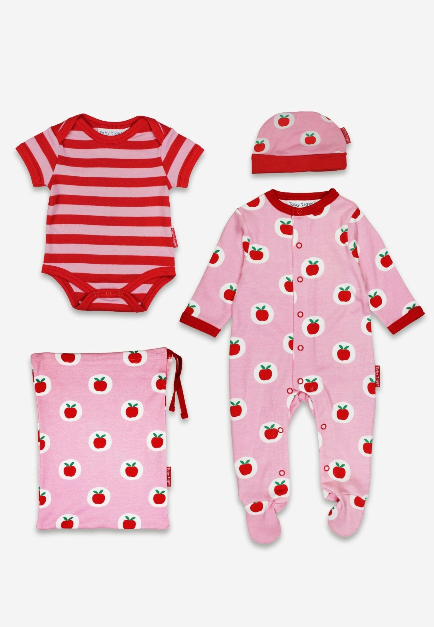 Toby Tiger Pink/Red Organic Apple Print Baby Gift Set - 3-6M / 68Cm