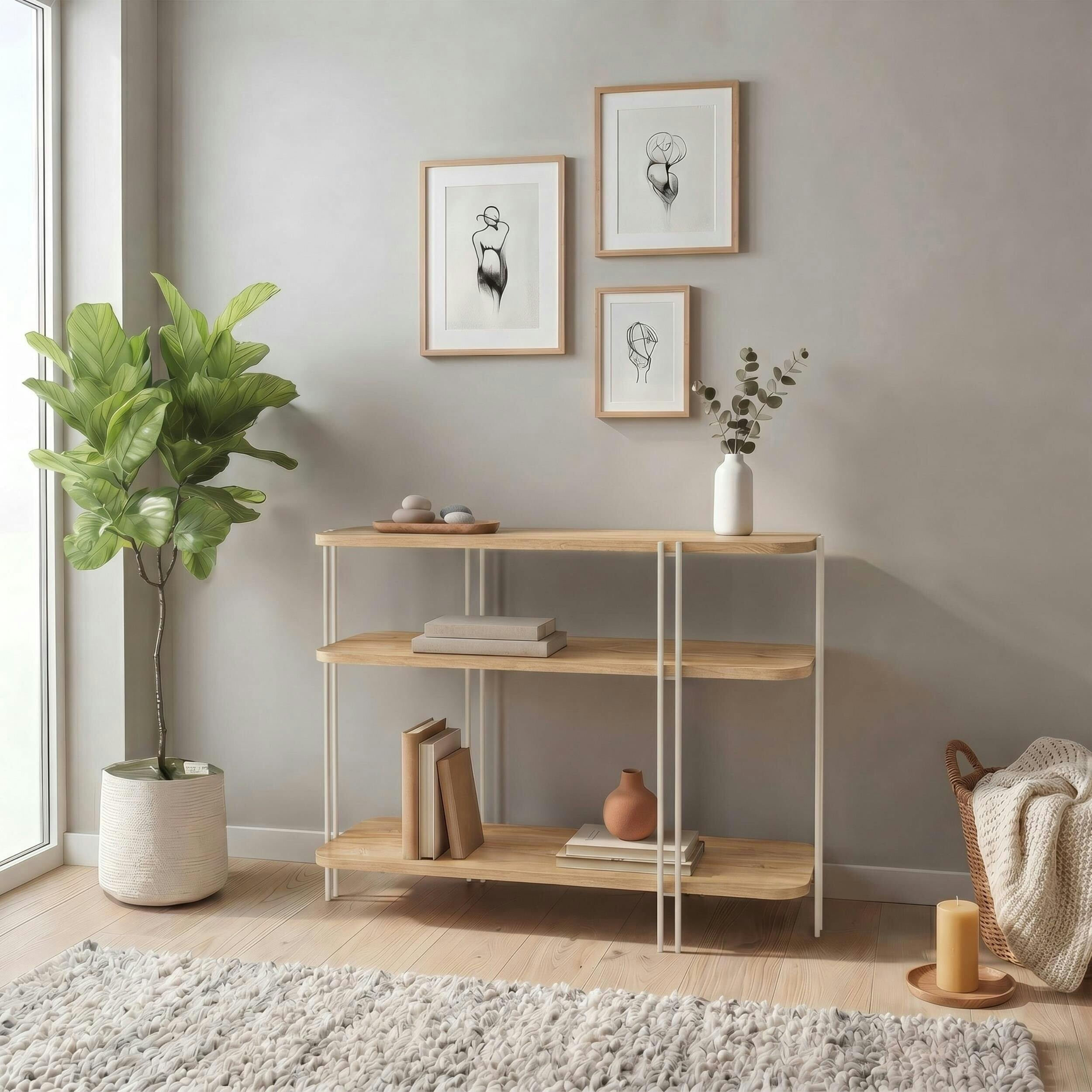 Decortie Notus Oak 2 Shelf Metal Frame Open Console Table - Image 3