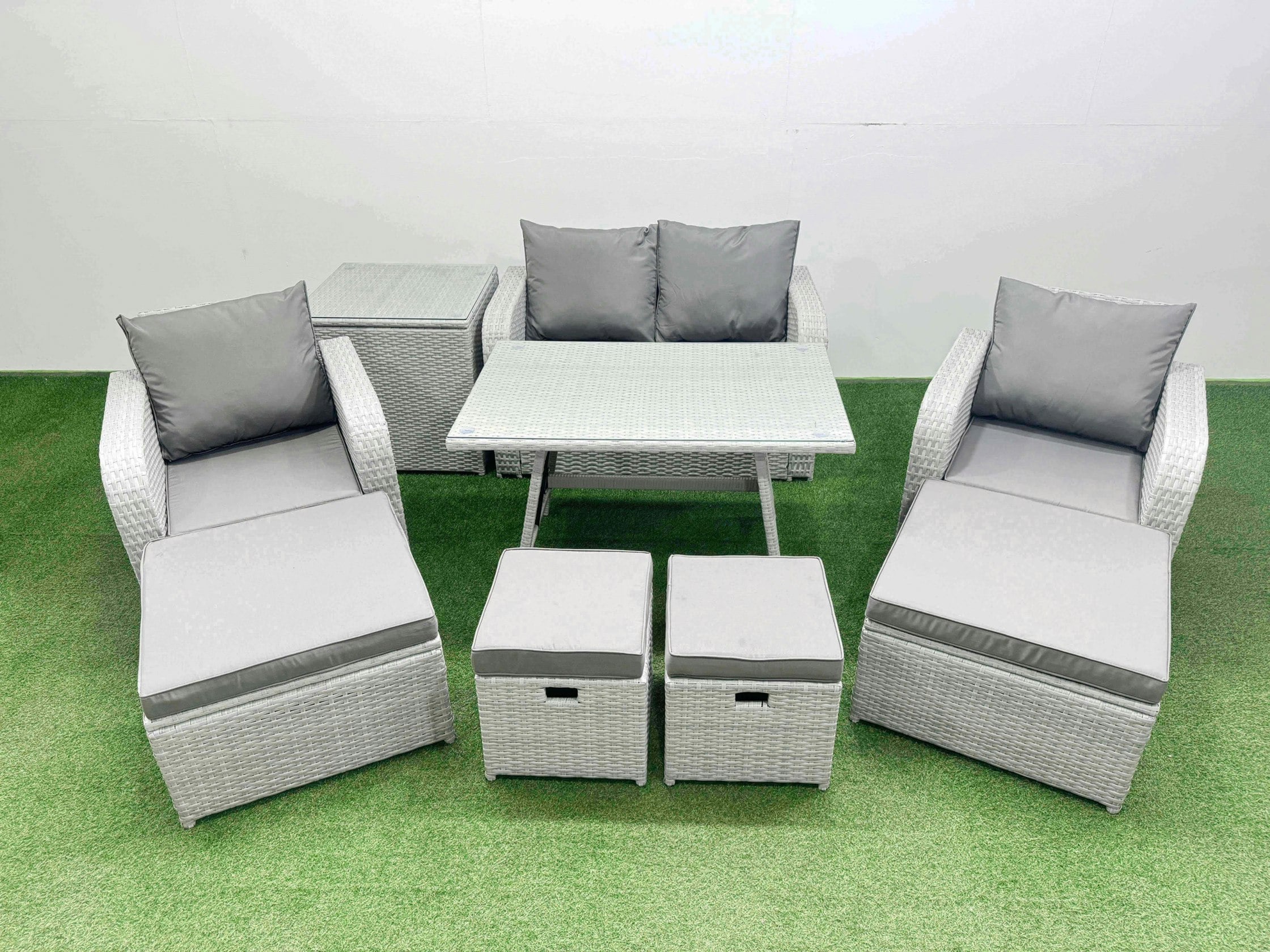 Fimous Light/Grey Rattan Garden Furniture Dining Set 8 Seater Patio Rectangular Table Sofa Set With Side Table 4 Stools