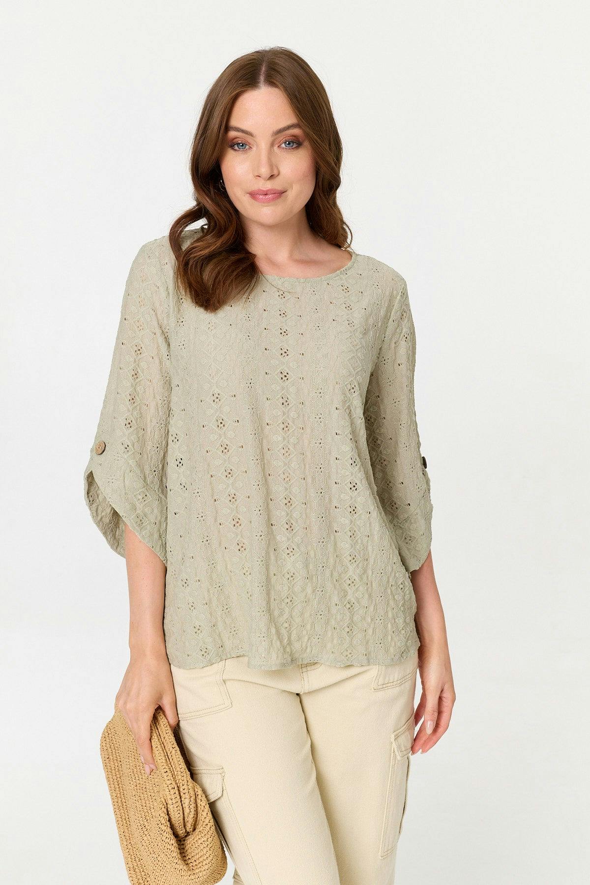 Izabel London Embroidered Textured 3/4 Sleeve Blouse - 14 - Sage