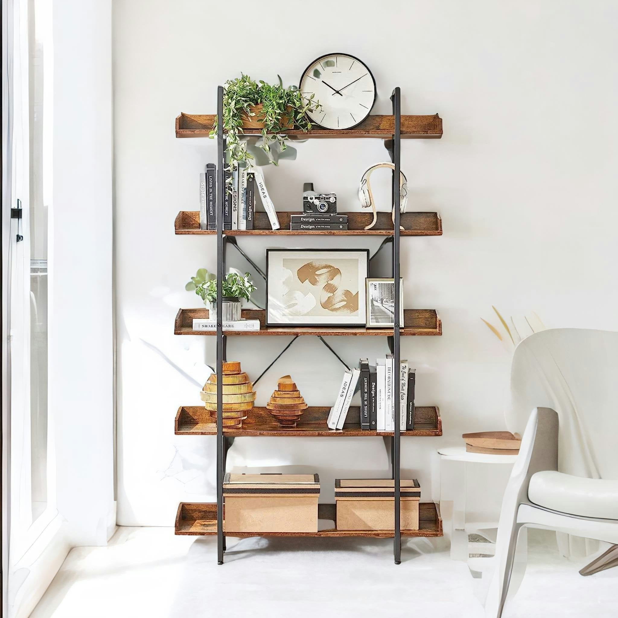 Rafaelo Mobilia Brown Industrial 5 Tier Rustic Bookcase