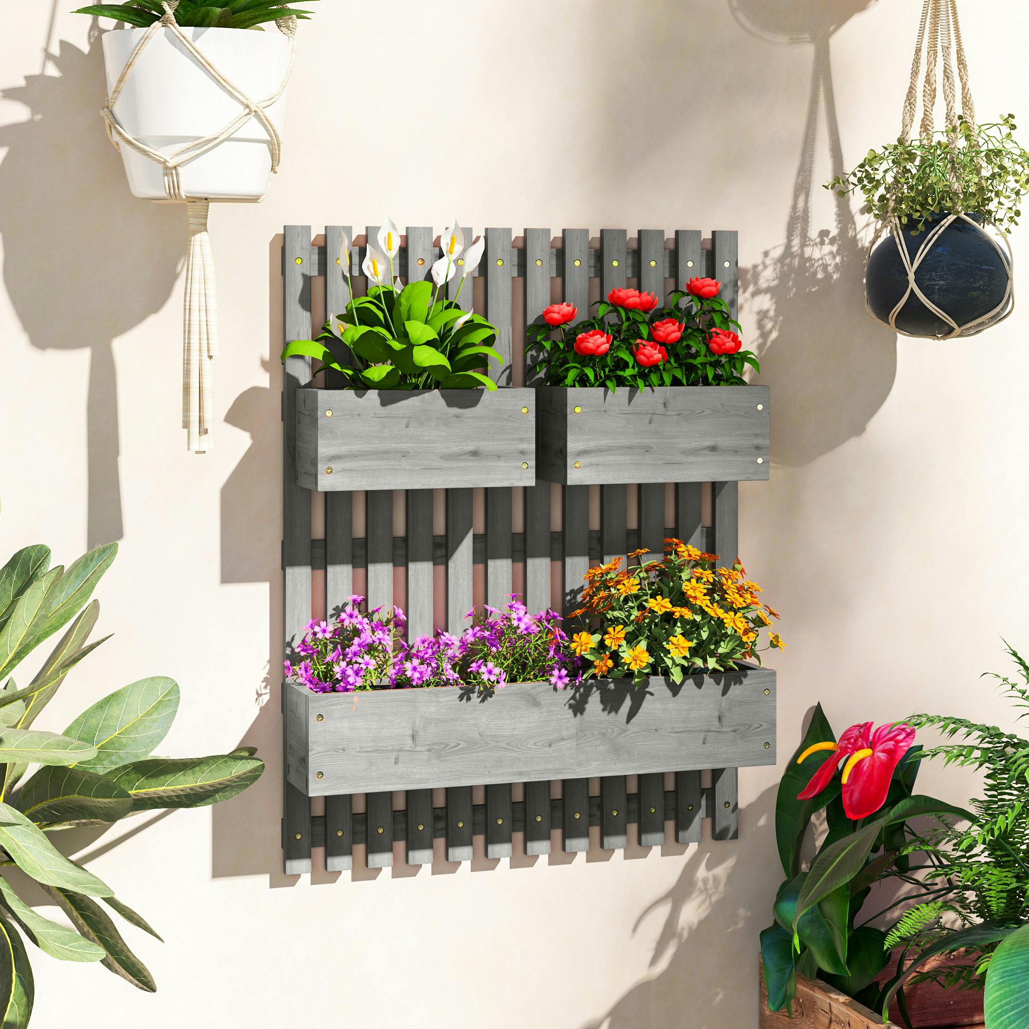 Outsunny Wooden Garden Planters With Trellis Wall-Mounted Raised Garden Bed