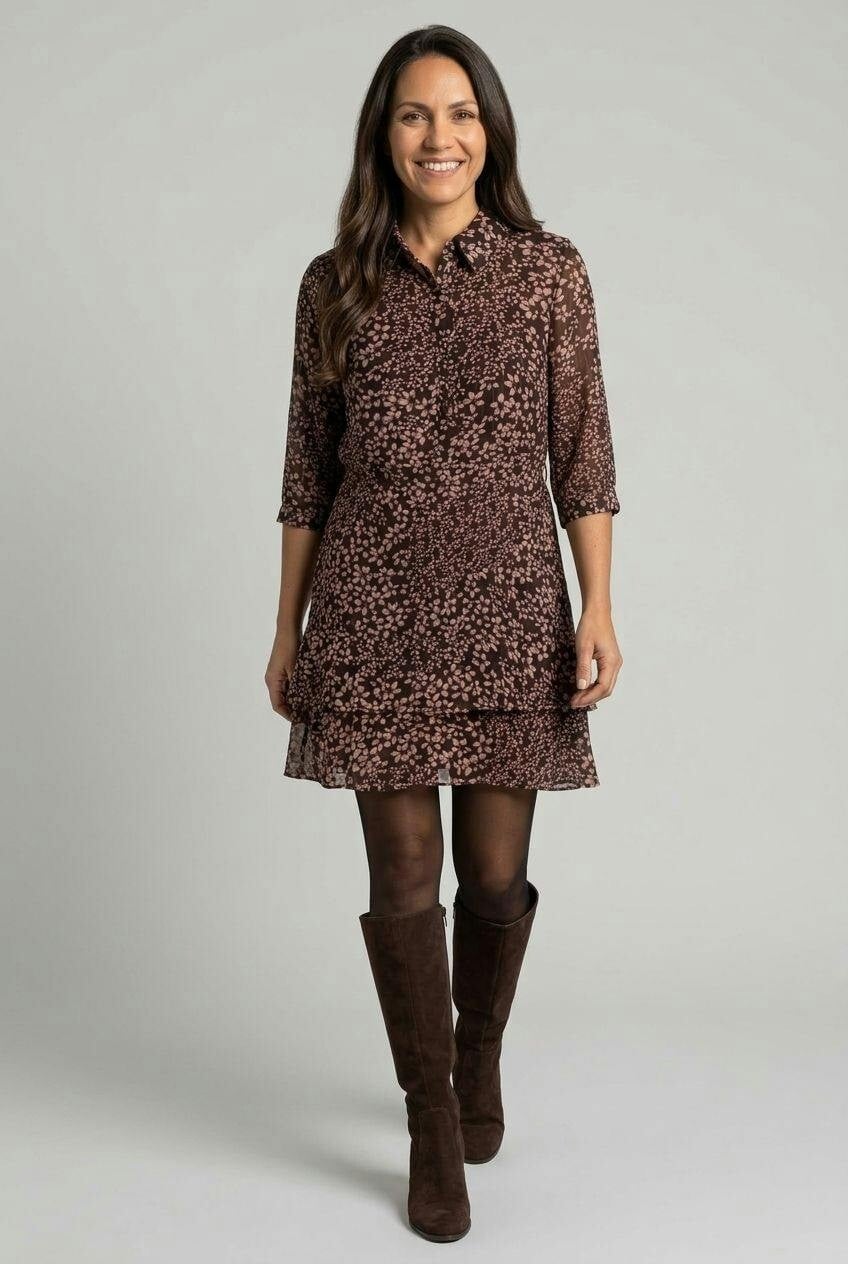 Izabel London Brown Ditsy Floral Layered Short Shirt Dress - 8
