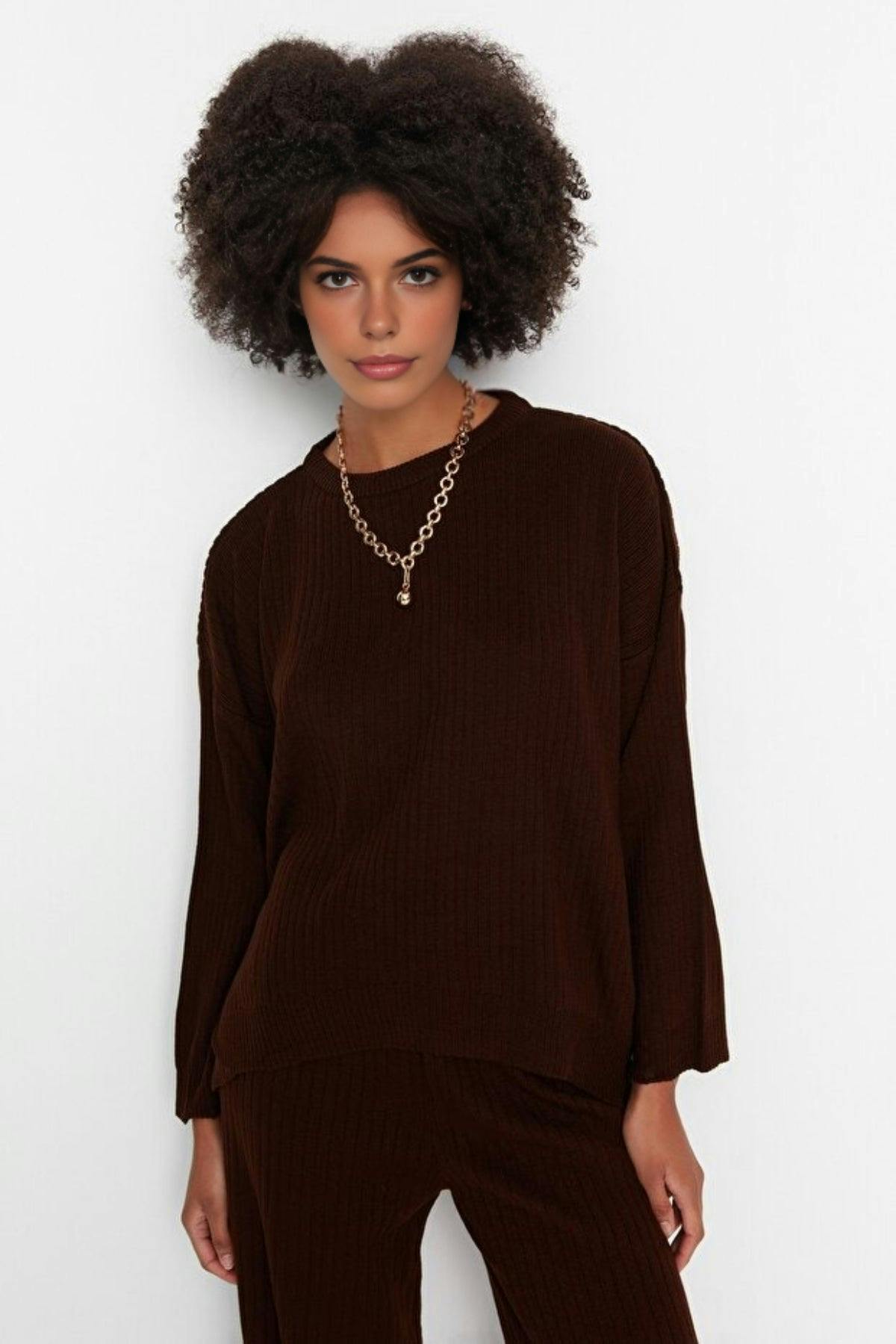 Wovcor Brown 2-Piece Loose Fit Basic Ribbed Knit Top & Pants Set - S