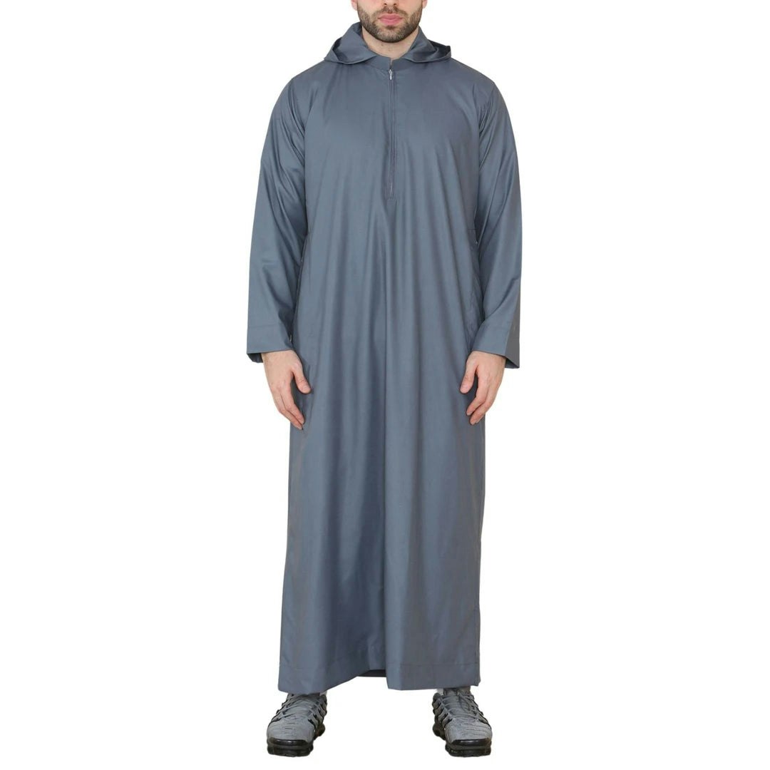 Thobez Men's Grey Hooded Thobe Nehru Collar Islamic Clothing Muslim Kaftan Robe Saudi - 2XL - Slim
