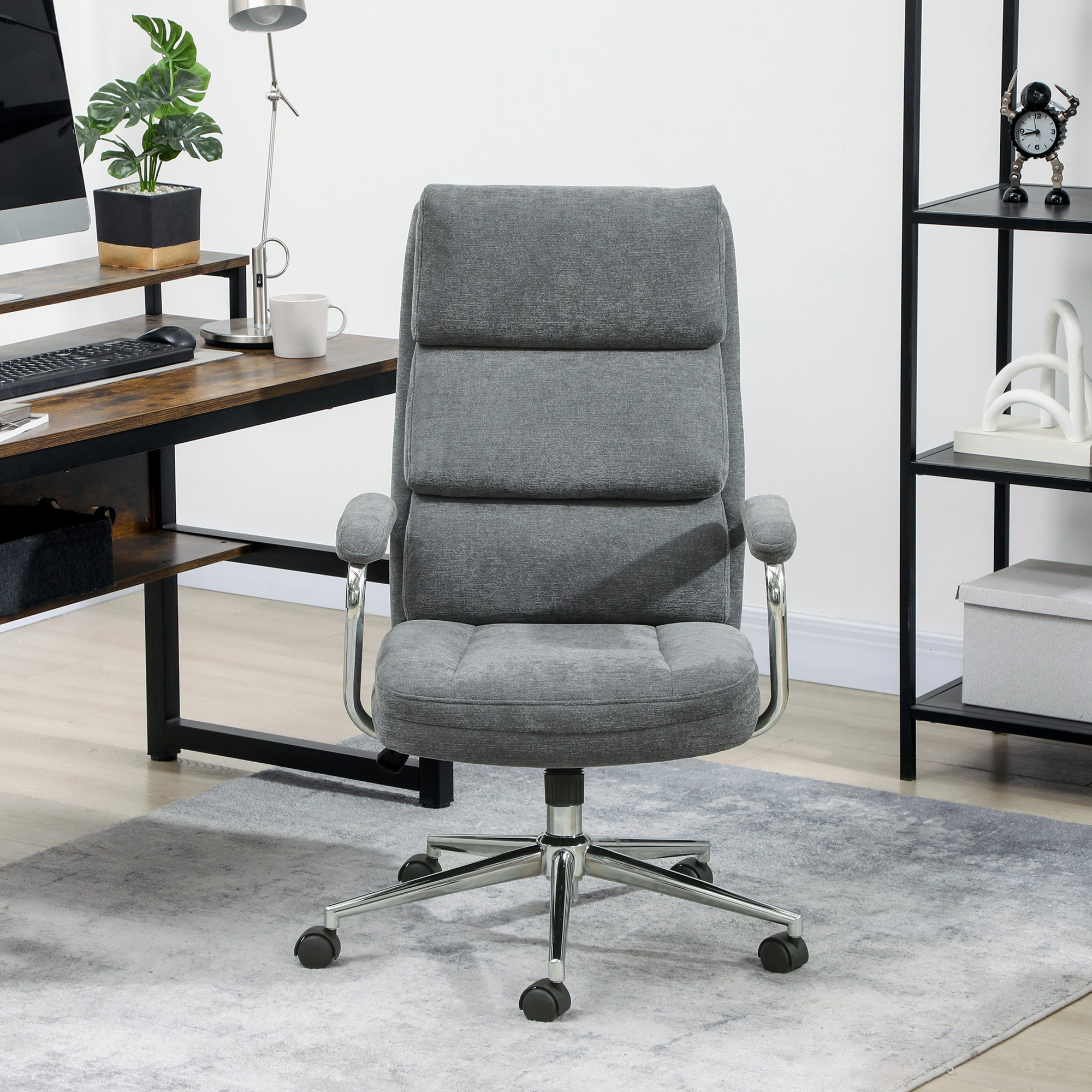 Homcom Grey Linen Fabric Office Desk Chair With Tilt Function, Charcoal - Charcoal - Yes - Office Chair