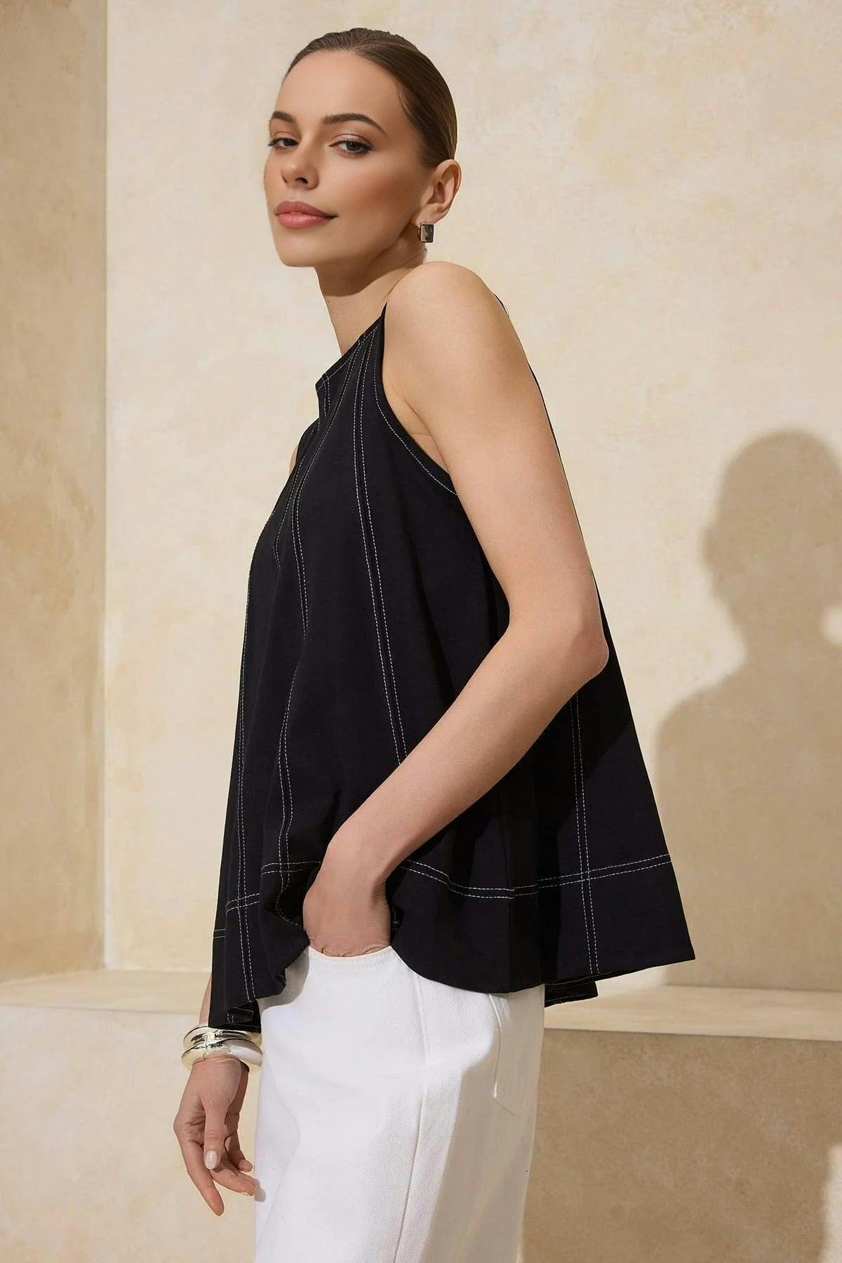 Wovcor Black Relaxed Crew Neck Sleeveless Stitched Detail Knitted Blouse - Xs