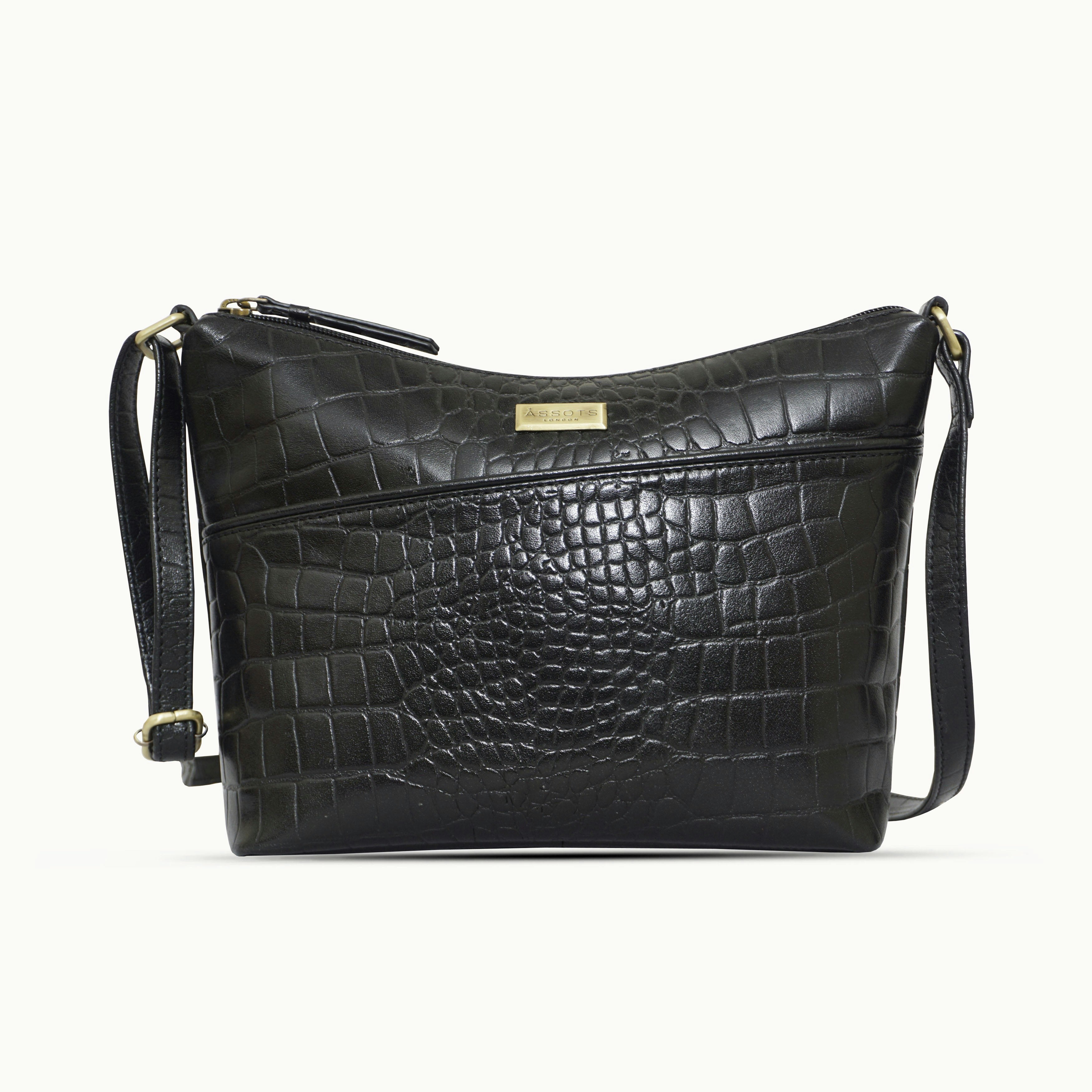Assots London Black 'Carol' Croc Real Leather Designer Crossbody Shoulder Bag 29Cm