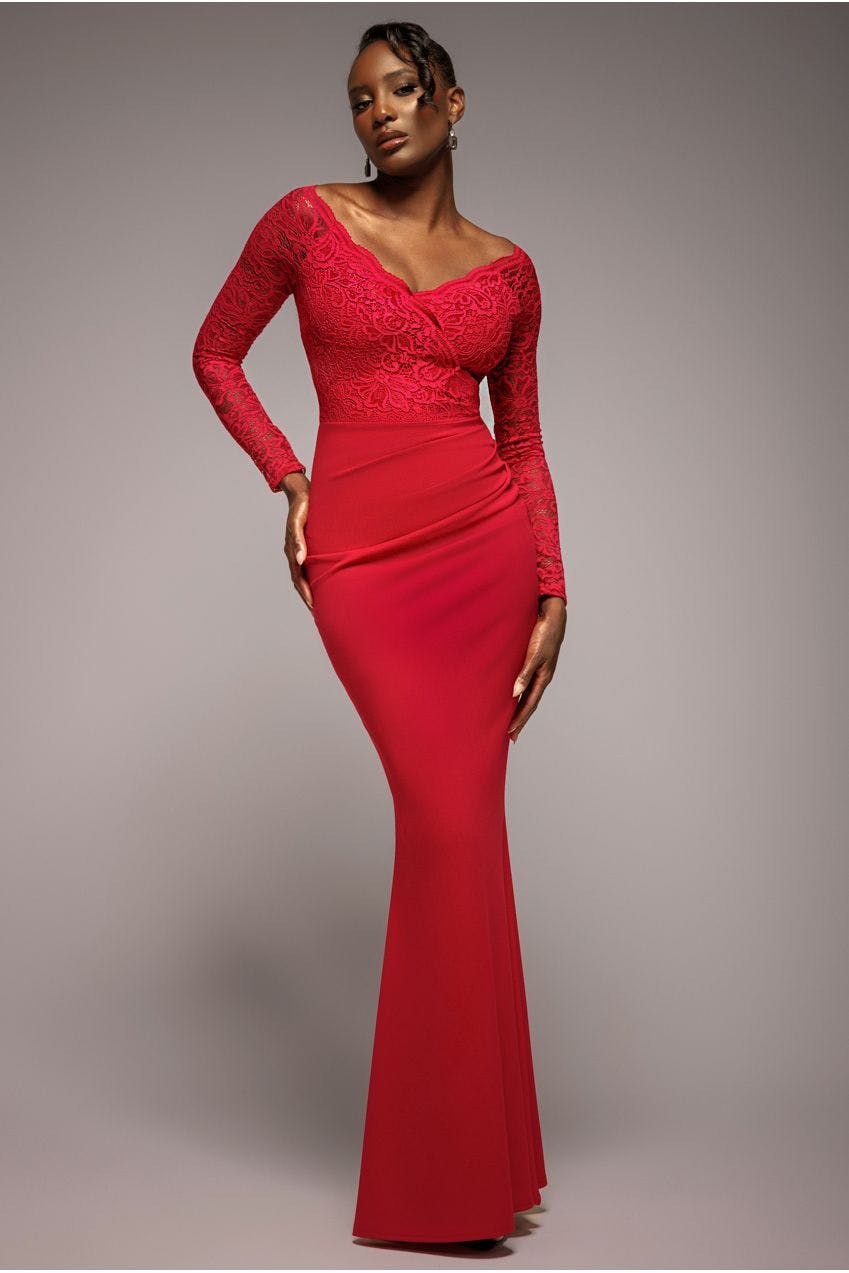 Goddiva Red Scalloped Lace Bodice Long Sleeve Bardot Maxi Dress - By - 10