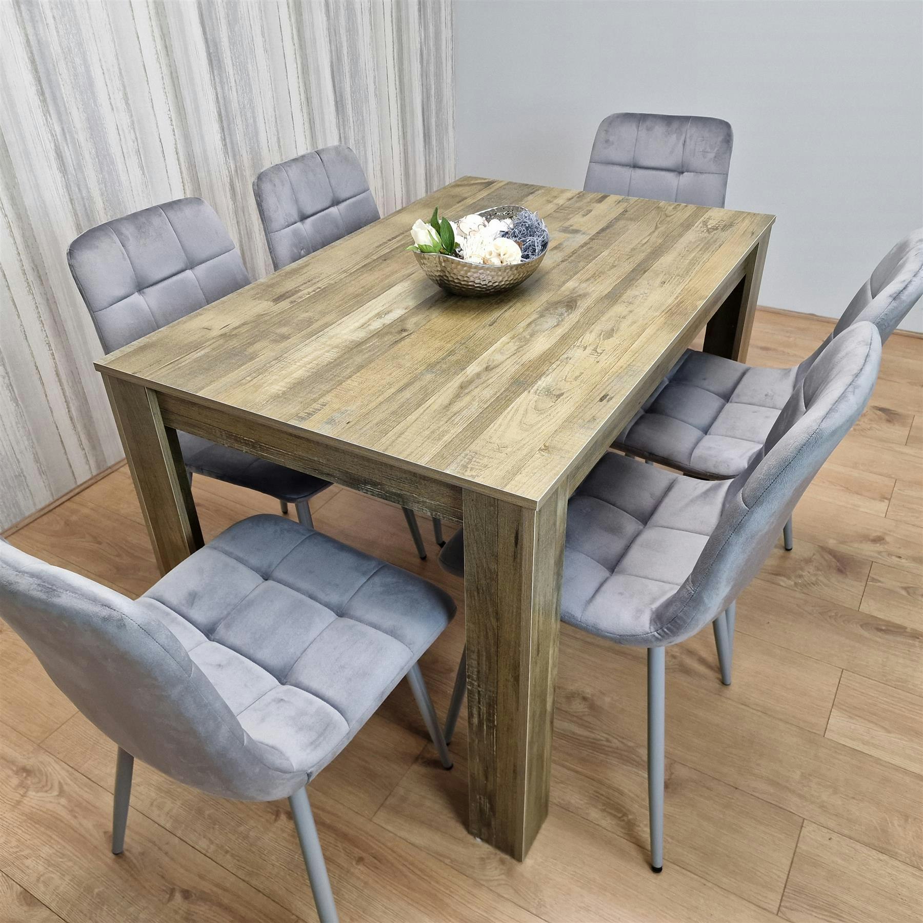 KOSY KOALA Dining Table & 6 Chairs - Rustic Effect Dining Table With 6 Grey Velvet Chairs Dining Furniture in Brown - Image 6