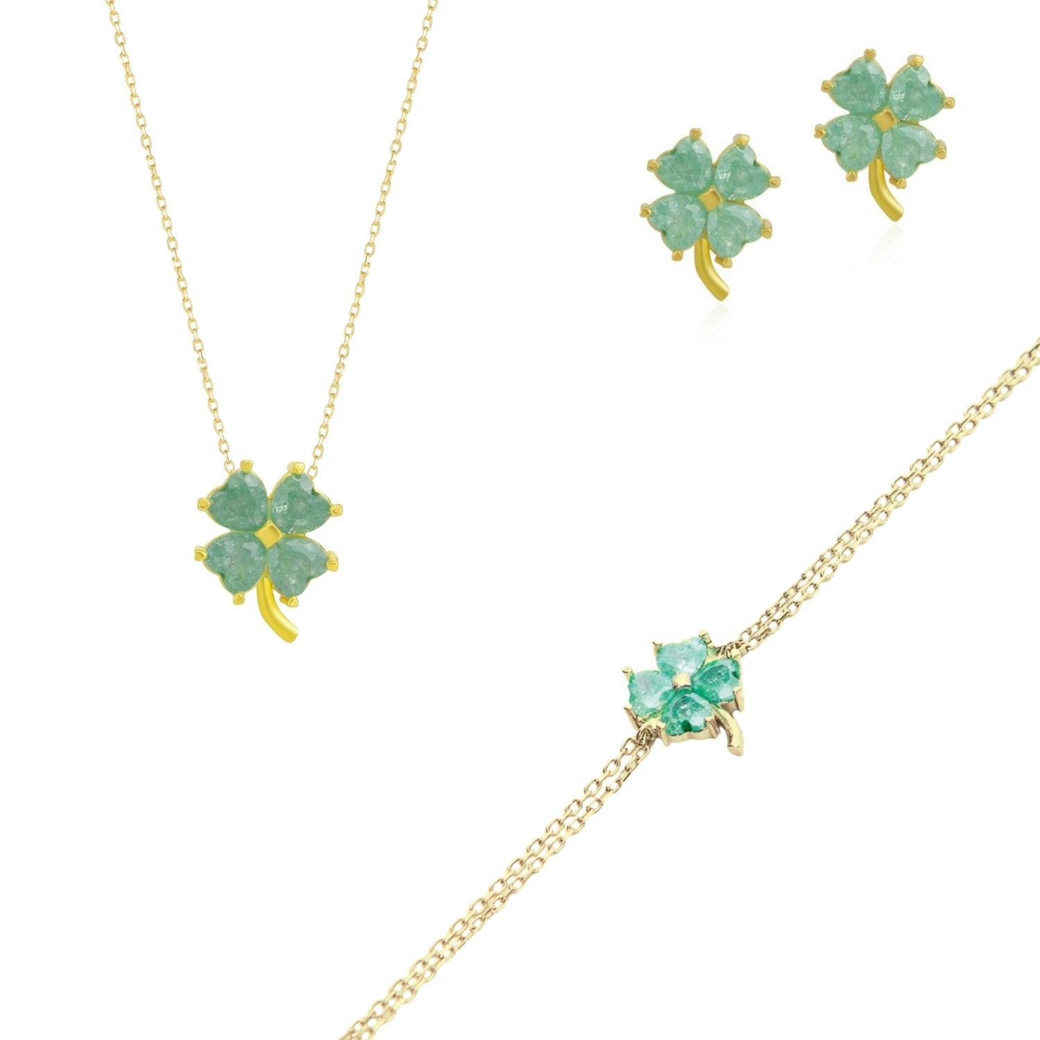 Spero London Silver/Gold Best Of Luck Four Leaves Clover Sterling Bracelet Necklace & Stud Earrings Set