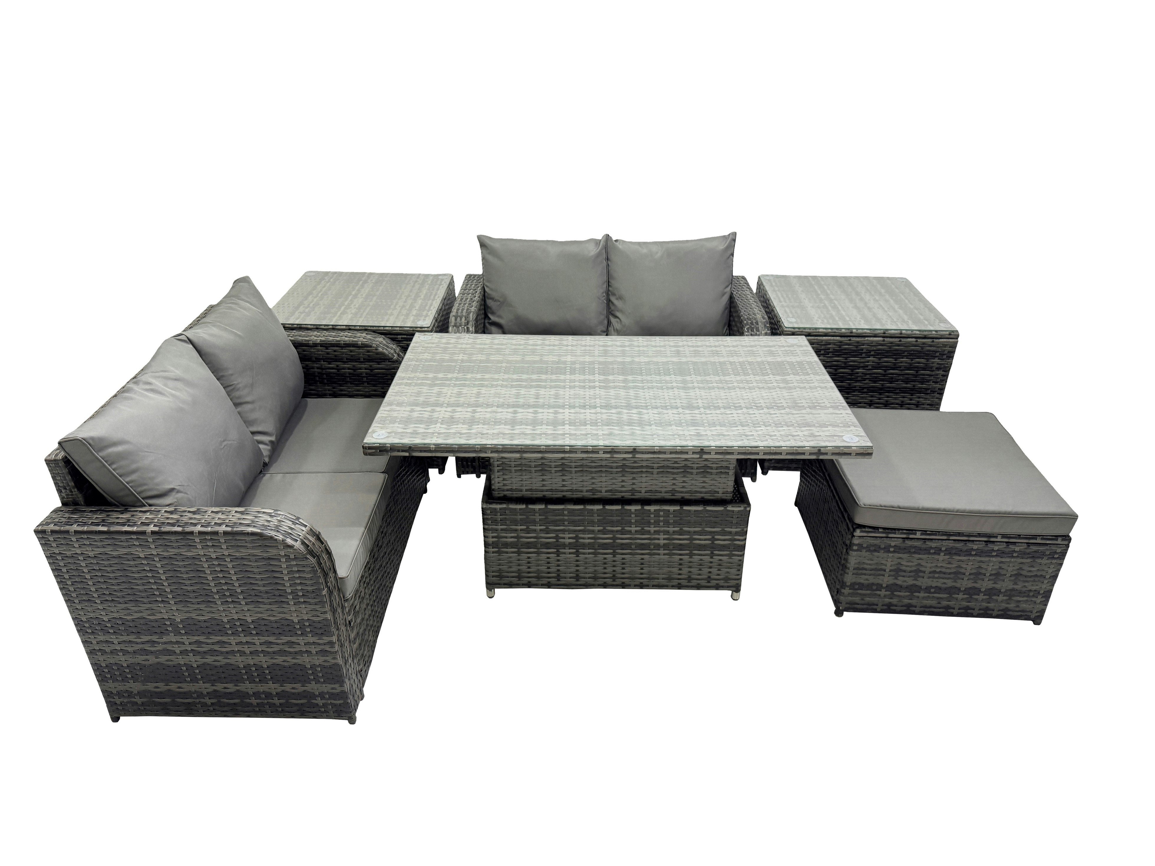 Fimous Dark/Grey 5 Seater Patio Height Adjustable Rising Lifting Table Sofa Sets Rattan Garden Furniture Dining Set With Big Stool 2 Side Tables Mixed