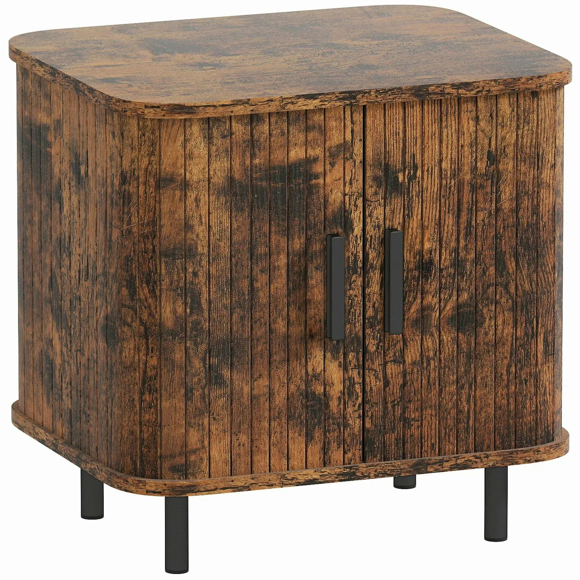 Rackhams Brown Bedside Table, Nordic Side Table With Roller Shutter Style Sliding Doors And Metal Legs For Bedroom, Living Room, Rustic