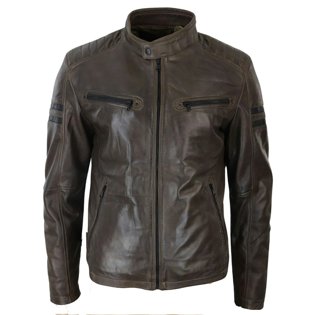 Aviatrix Men's Red/Black/Brown Leather Biker Racing Jacket Stripes Zip Short - 2XL