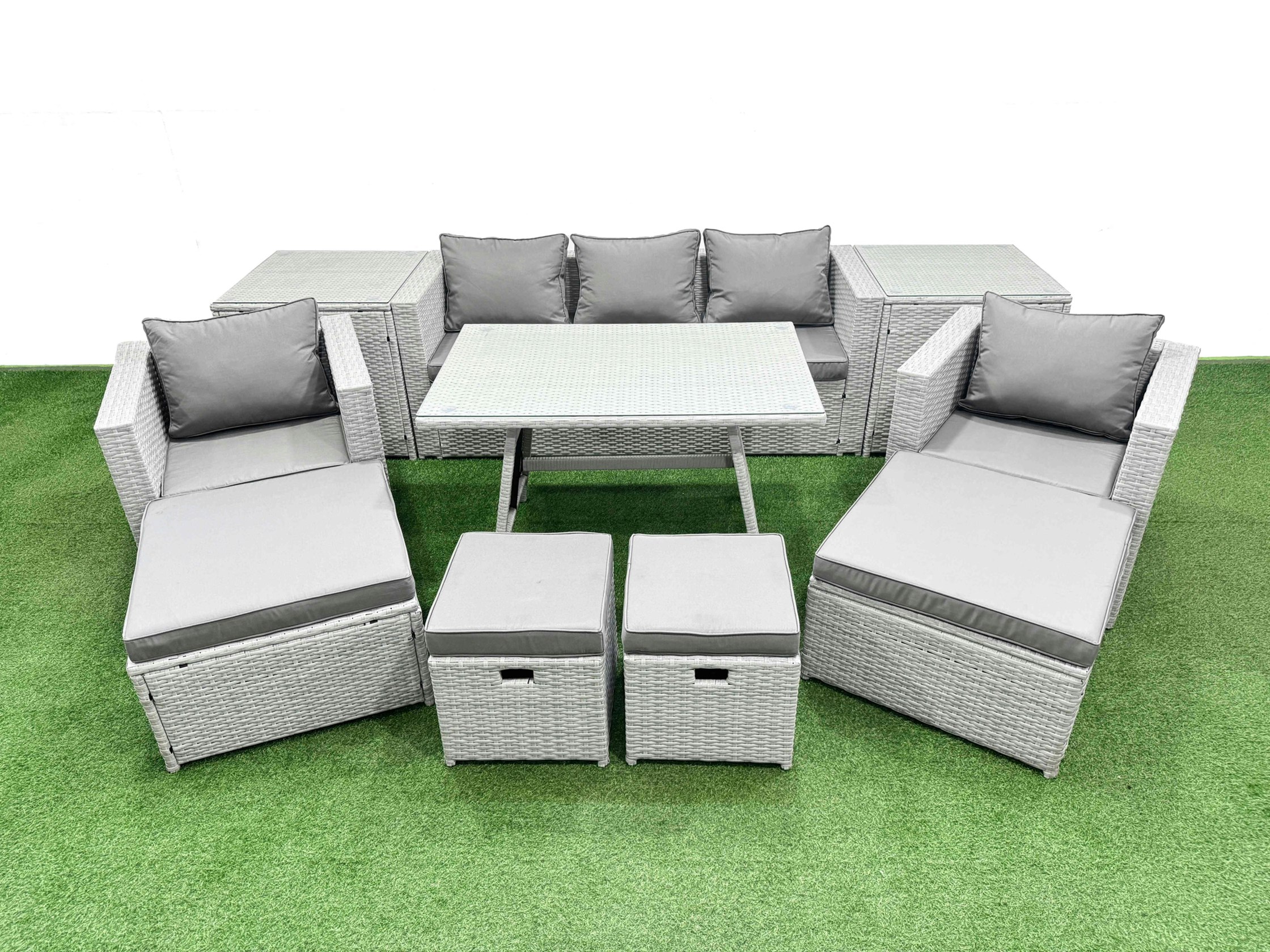 Fimous Light/Grey 10 Pieces Outdoor Pe Rattan Sofa Armchair Set Patio Garden Furniture Sets With Cushions 2 Side Tables 4 Stools