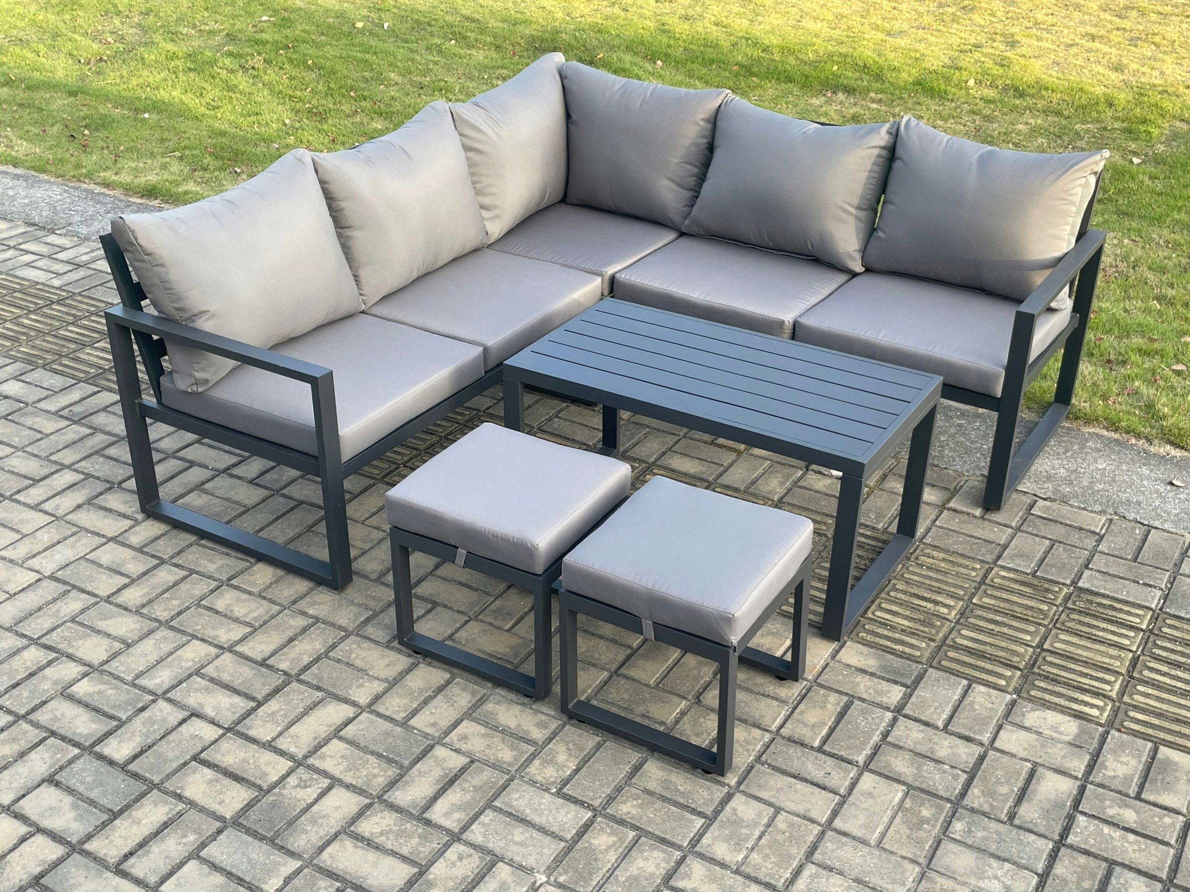 Fimous Dark/Grey Aluminium Outdoor Garden Furniture Set Lounge Sofa Oblong Coffee Table Sets With 2 Small Footstools Indoor Conservatory Set