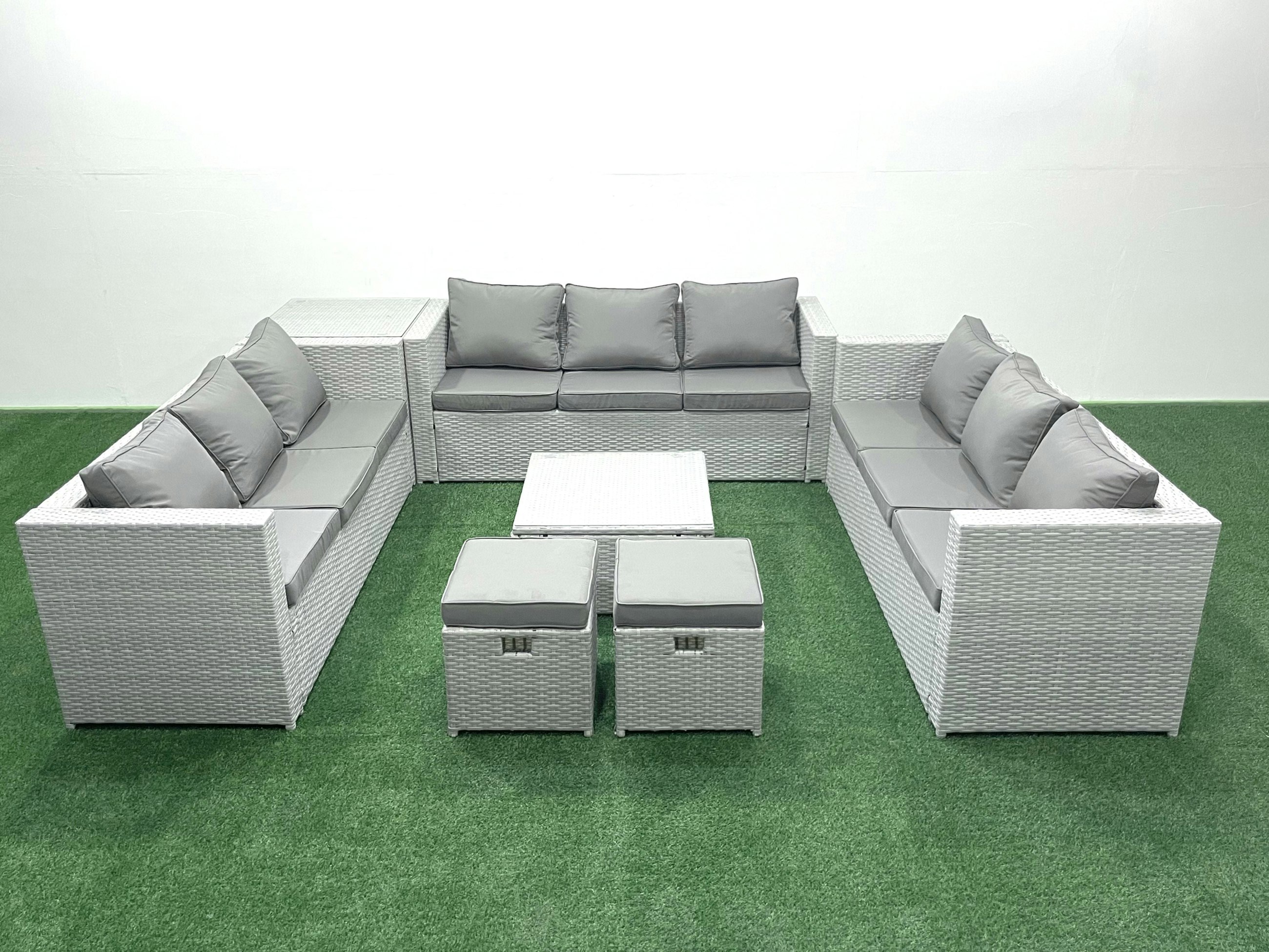 Fimous Light/Grey Rattan Garden Outdoor Furniture Set 11 Seater Rattan Garden Sofa Set With 2 Small Footstool Side Table Mixed