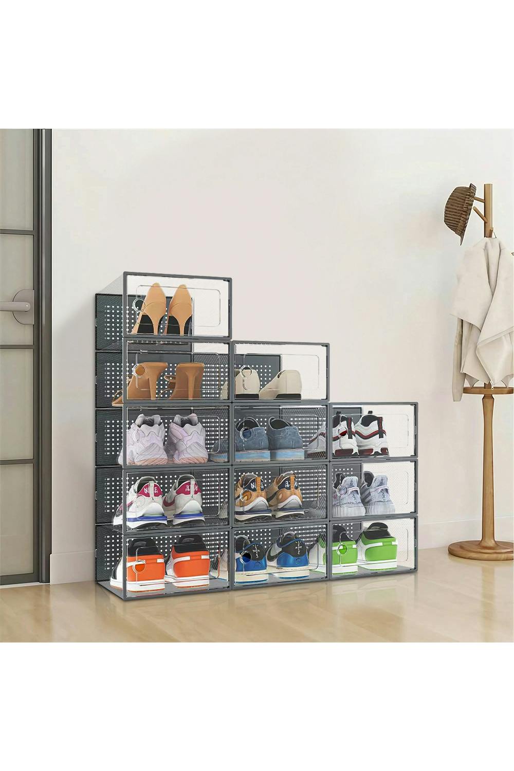 Rackhams Grey 12Pcs Stackable Foldable Boxes Shoes Organizer Clear Plastic Shoe Storage Box - One Size