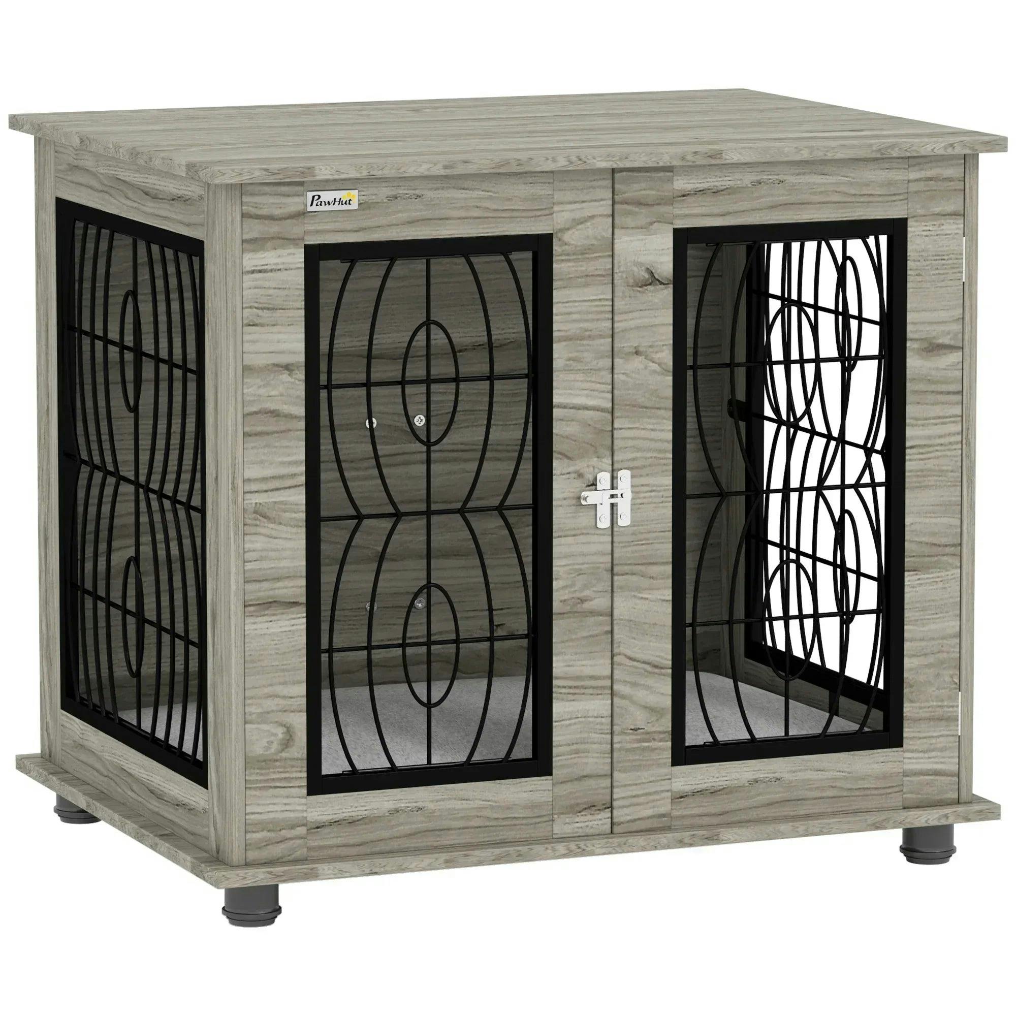 PawHut Dog Crate Furniture - End Table - Medium Dog Crate - Grey Wood-Effect - Washable Cushion - Image 5