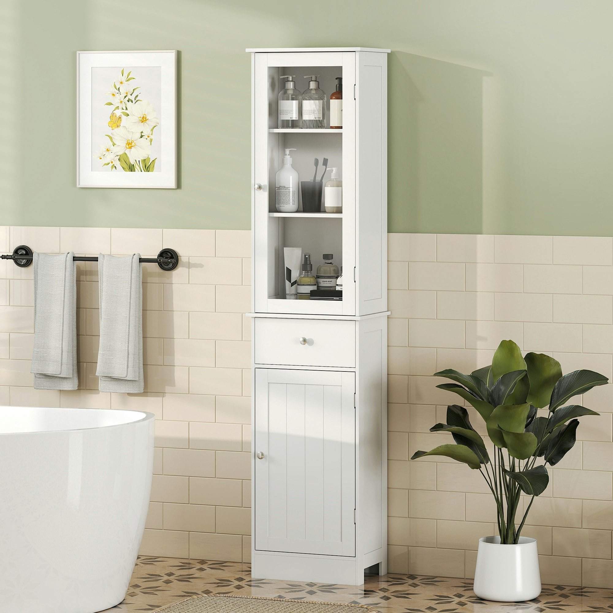 Rackhams White Storage Cabinet Organizer Tower With Multiple Shelves & Drawer,