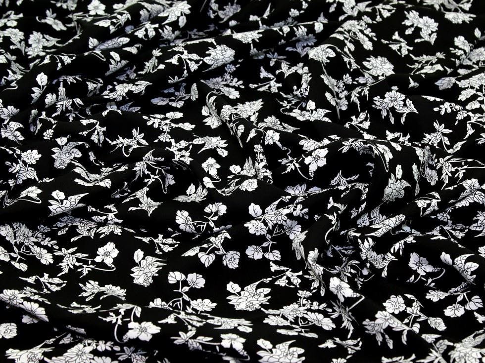 Minerva Core Range Black Minerva Deadstock Viscose Challis Fabric - Flowers Design Dressmaking Fabric, 140 Cm / 56" Wide - Per Metre