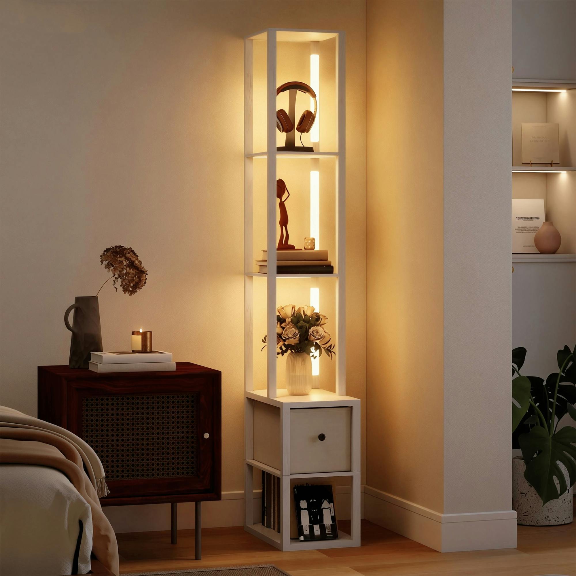 Rackhams White Floor Lamp With Shelves, Led Standing Lamp With Fabric Drawer, Oak