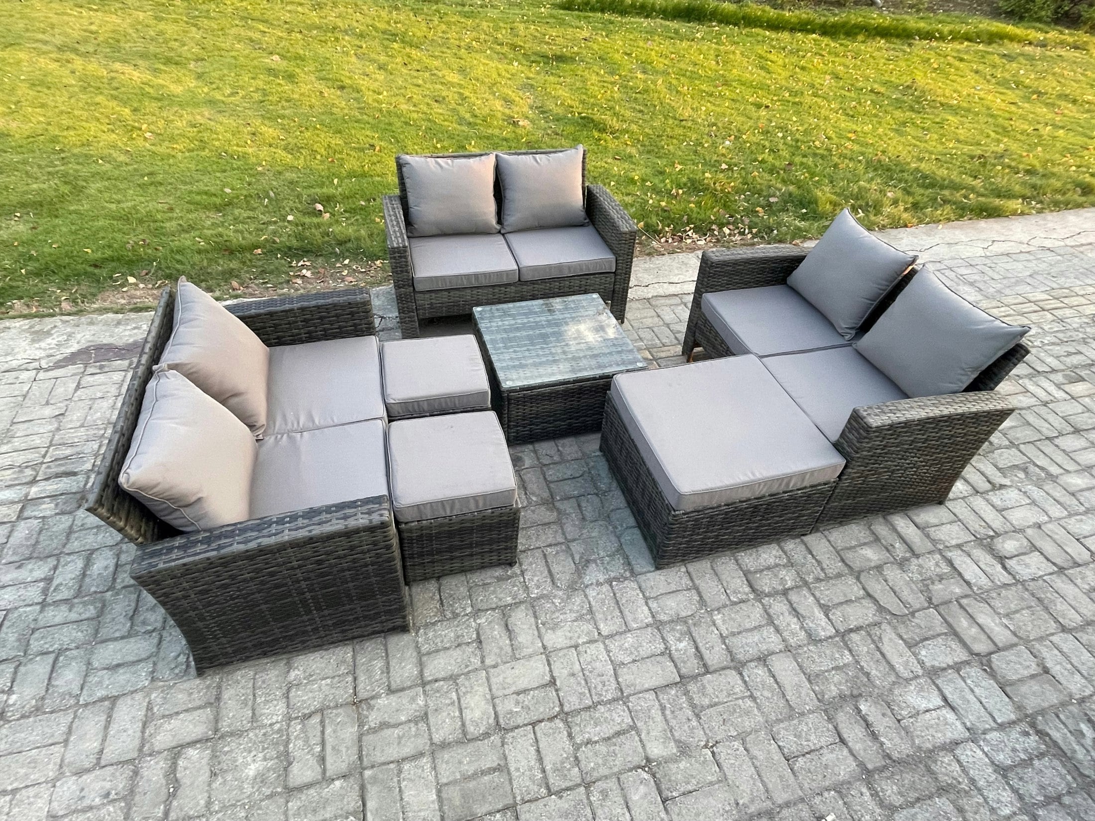 Fimous Dark/Grey Outdoor Lounge Sofa Set Wicker Pe Rattan Garden Furniture Set With Square Coffee Table Double Seat Sofa 3 Footstools Mixed