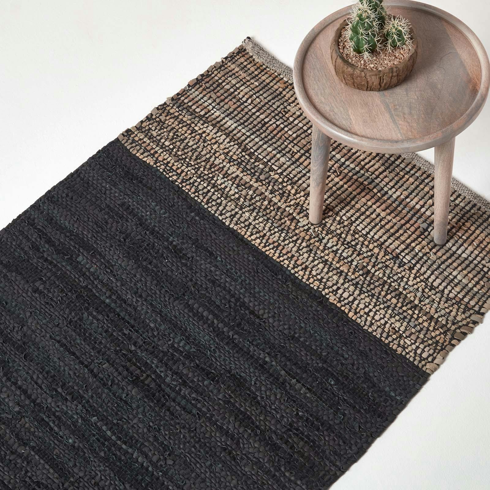 Homescapes Black Recycled Leather Handwoven Herringbone Rug - 150 X 240 Cm