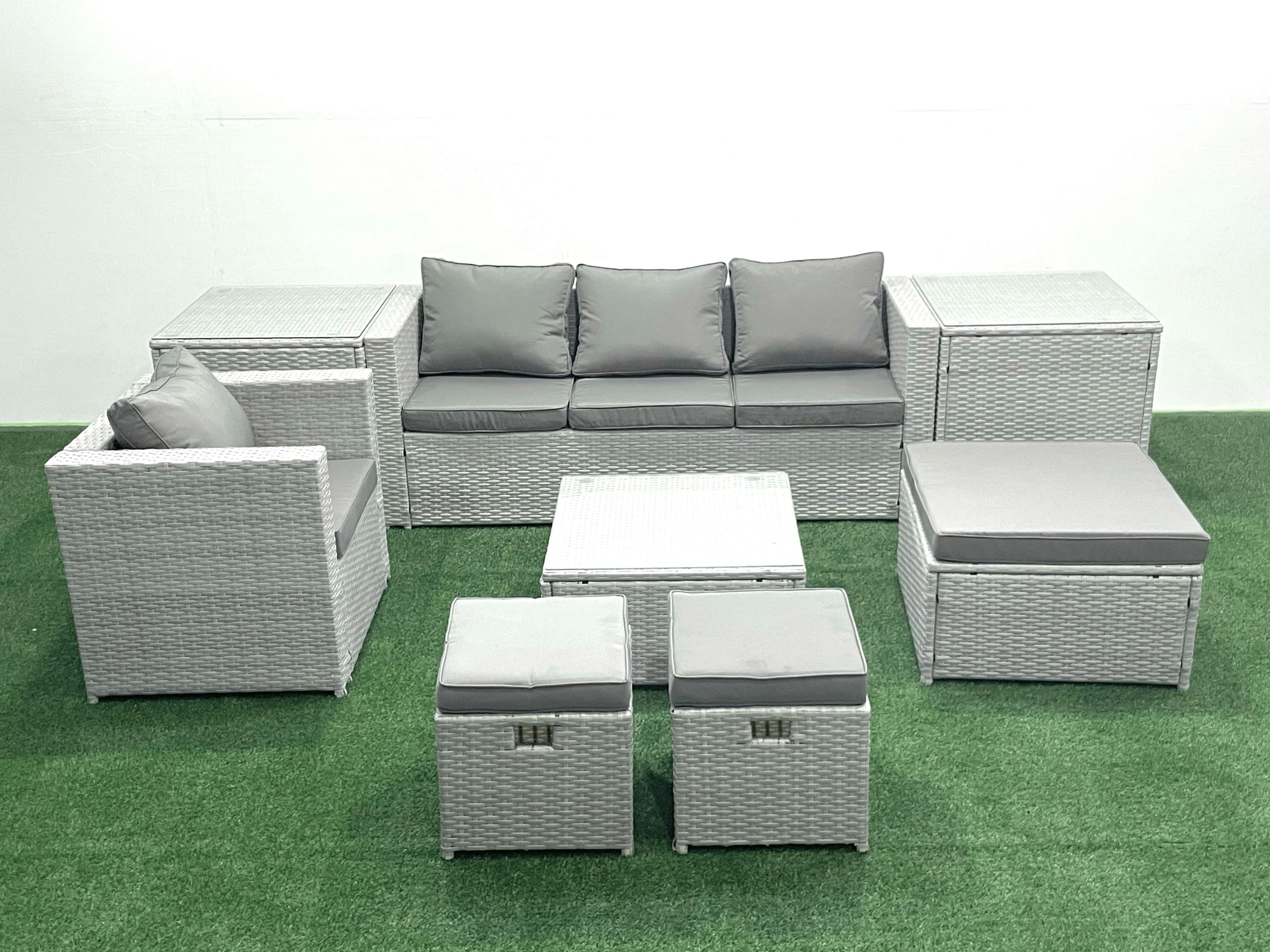 Rackhams Light/Grey Garden Outdoor Furniture Set 7 Seater Rattan Sofa Set With 3 Footstools Armchair 2 Side Tables Mixed