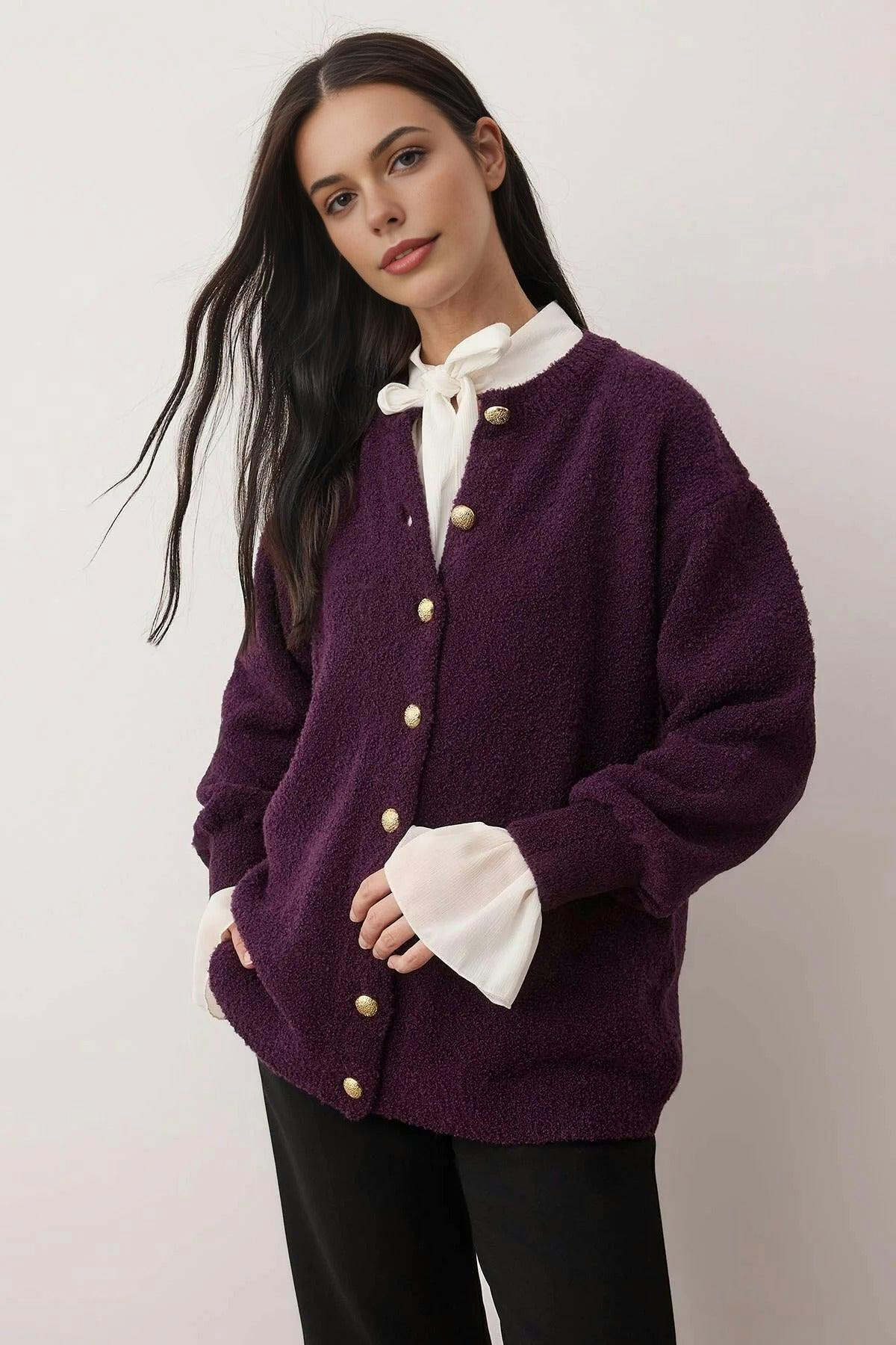 Wovcor Light Bouclé Soft Fabric Knit Cardigan - Aubergine - S