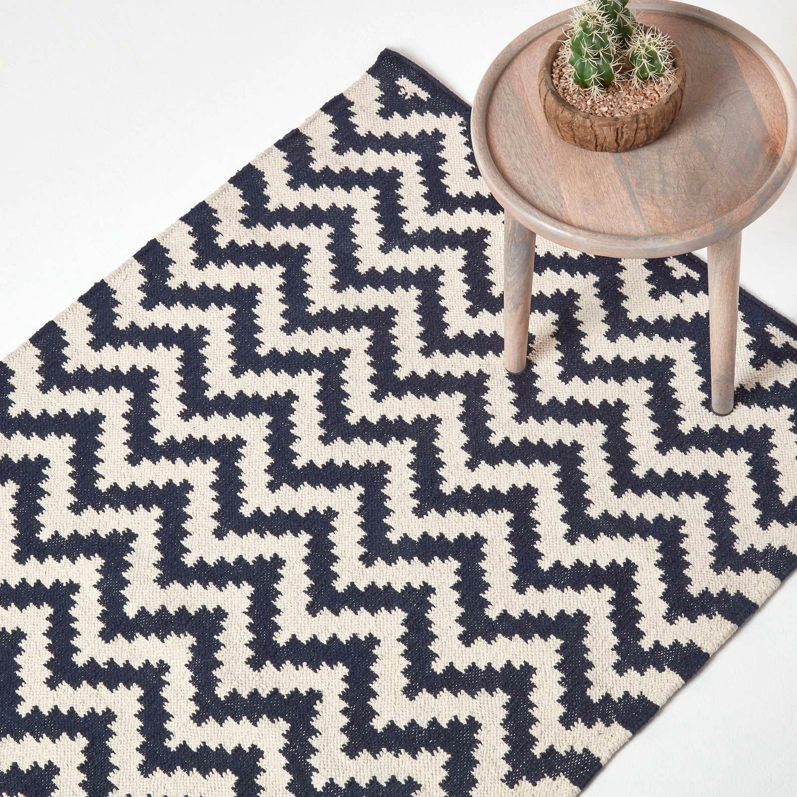 Rackhams Dark/Blue/White Casablanca Handwoven Zig Zag Pattern And Cotton Kilim Rug - 90 X 150 Cm