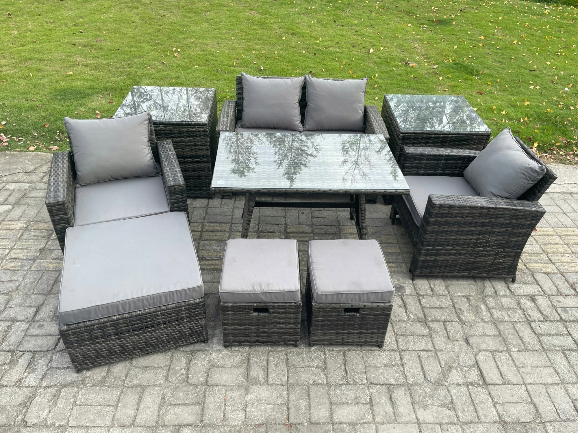 Fimous Dark/Grey Rattan Wicker Garden Furniture Patio Conservatory Sofa Set With Rectangular Dining Table Armchair 2 Seater Sofa 3 Footstools 2 Side Tables