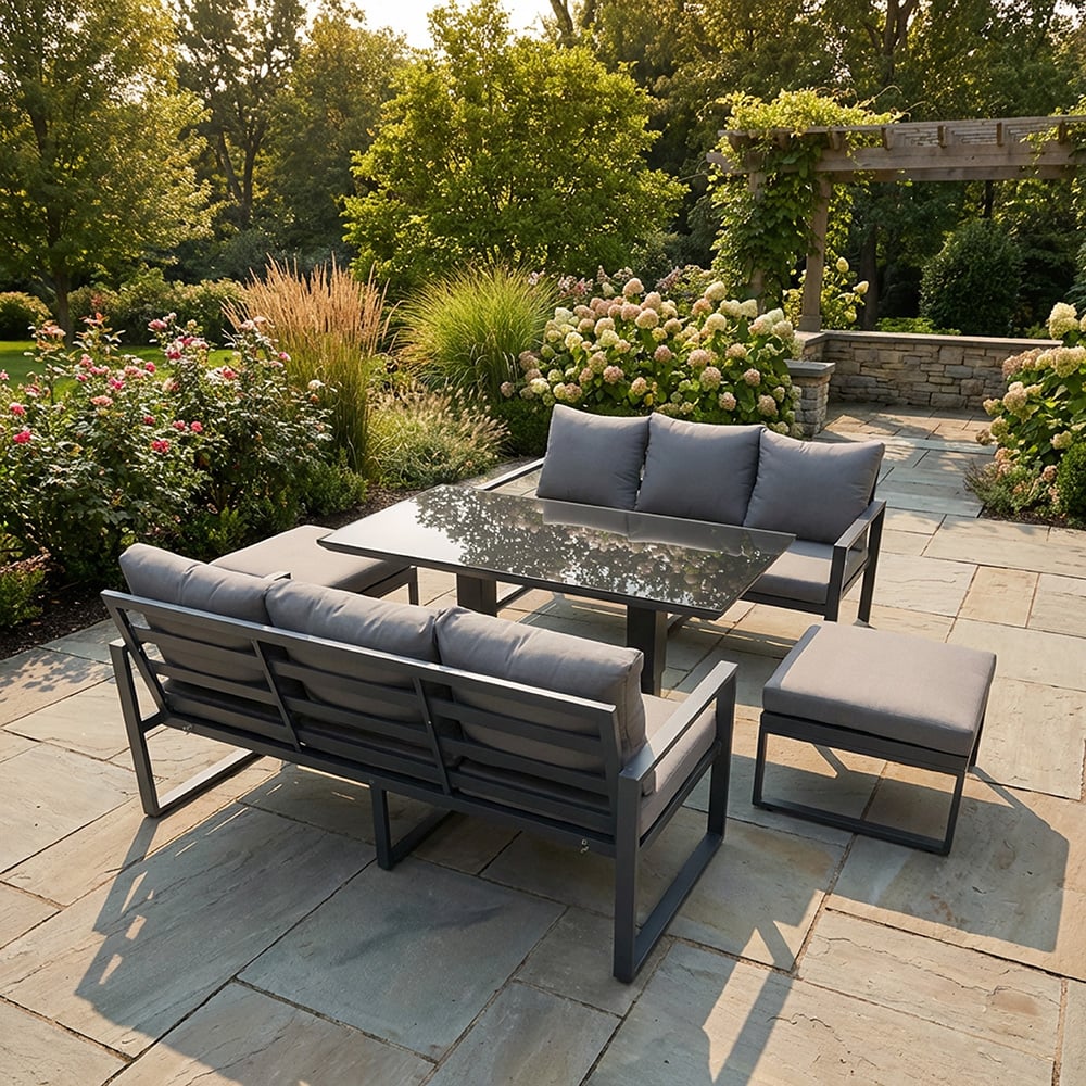 Fimous Dark/Grey 8 Seater Aluminium Outdoor Garden Furniture Set With Adjustable Dining Table, 2 Sofas & 2 Large Footstools