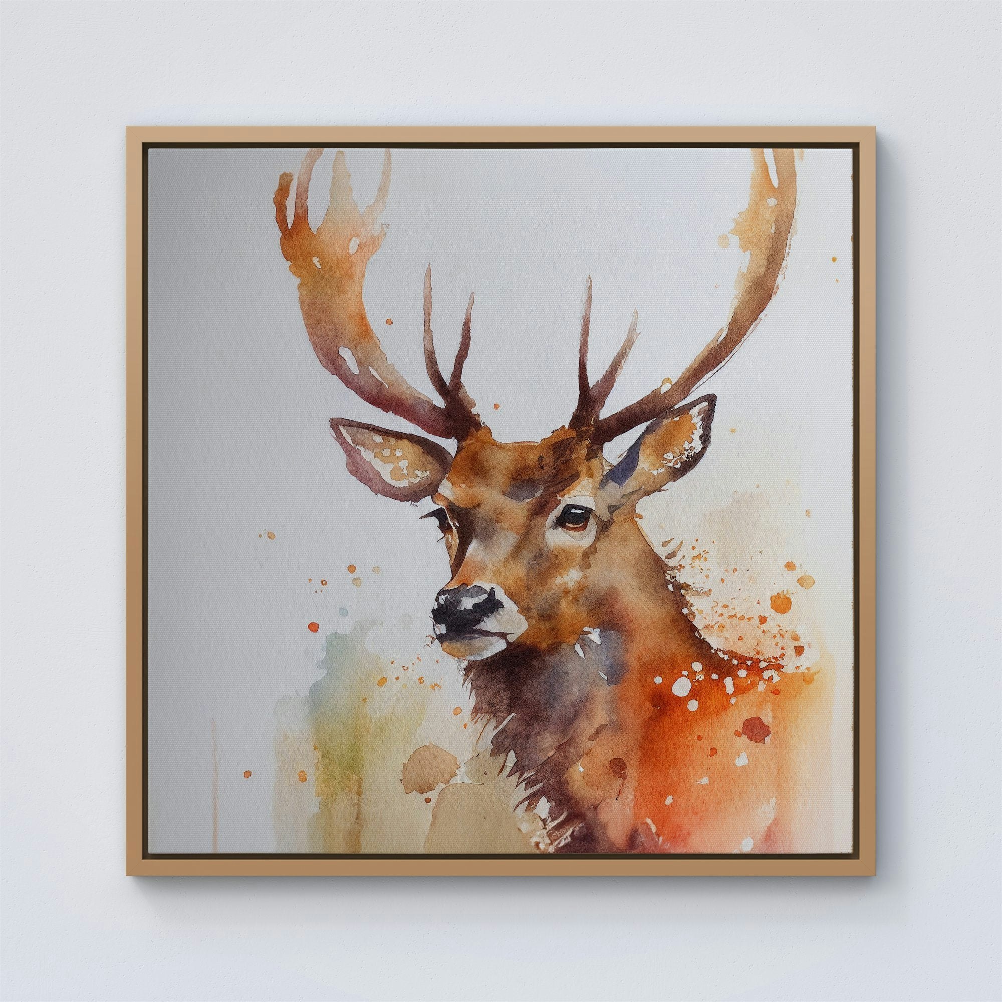 Rackhams Black/White Majestic Stag Watercolour Framed Canvas - 30" X 30" - Pine