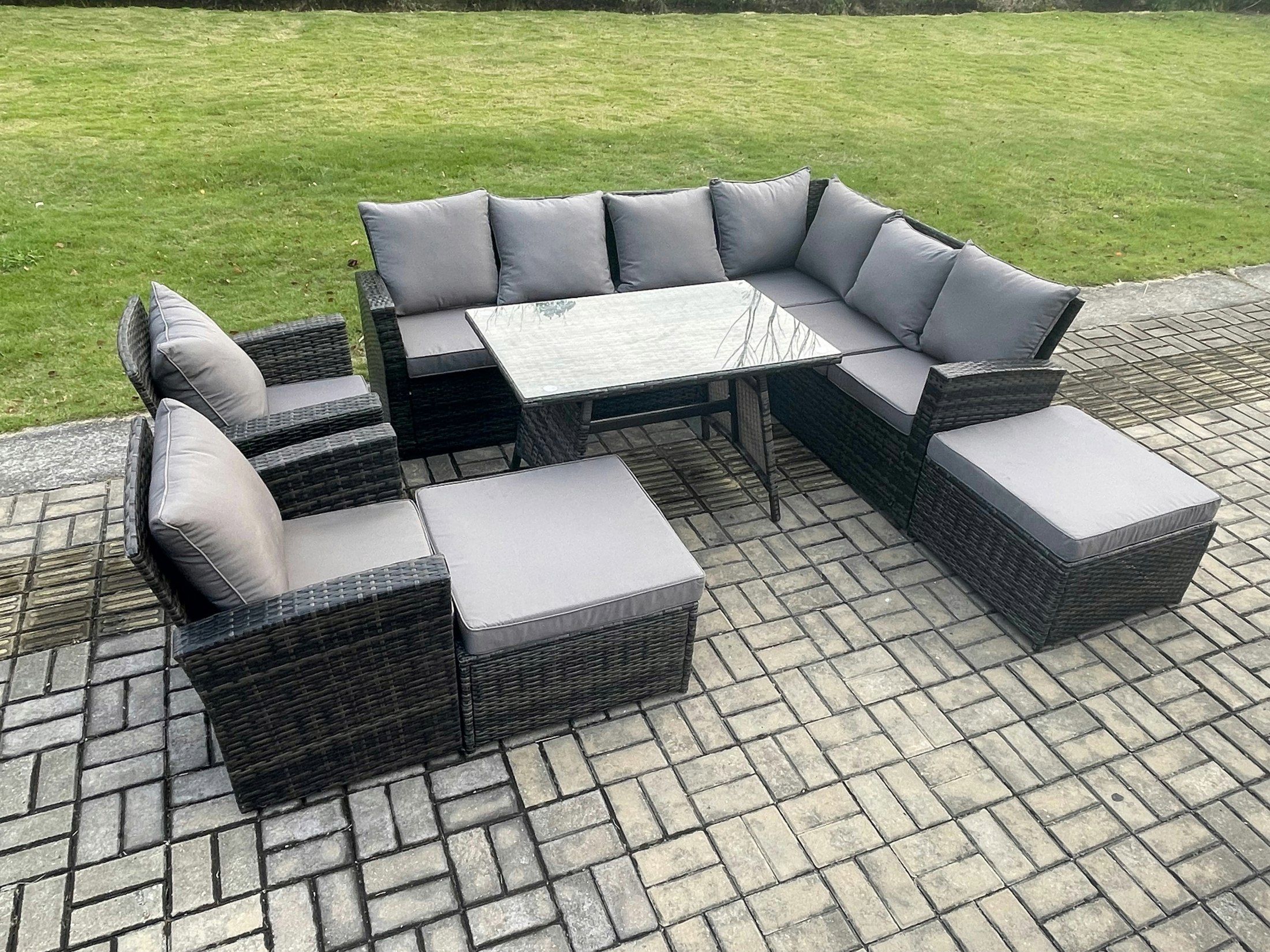 Fimous Dark/Grey High Back Outdoor Garden Furniture Set Rattan Corner Sofa Dining Table Set With 2 Armchairs 2 Big Footstool 10 Seater Mixed