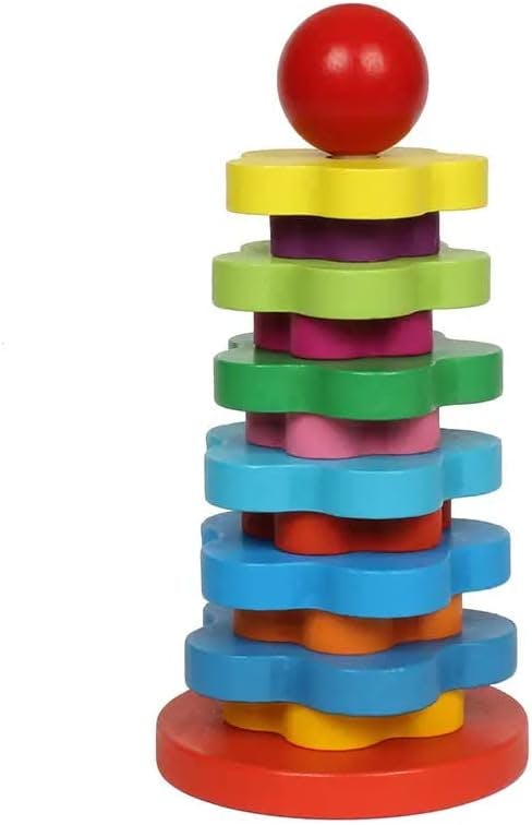Kav Wooden Rainbow Stacking Rings - Educational Baby Toys For Hand-Eye Coordination And Fine Motor Skills - Colourful Wooden Puzzles & Learning Toys