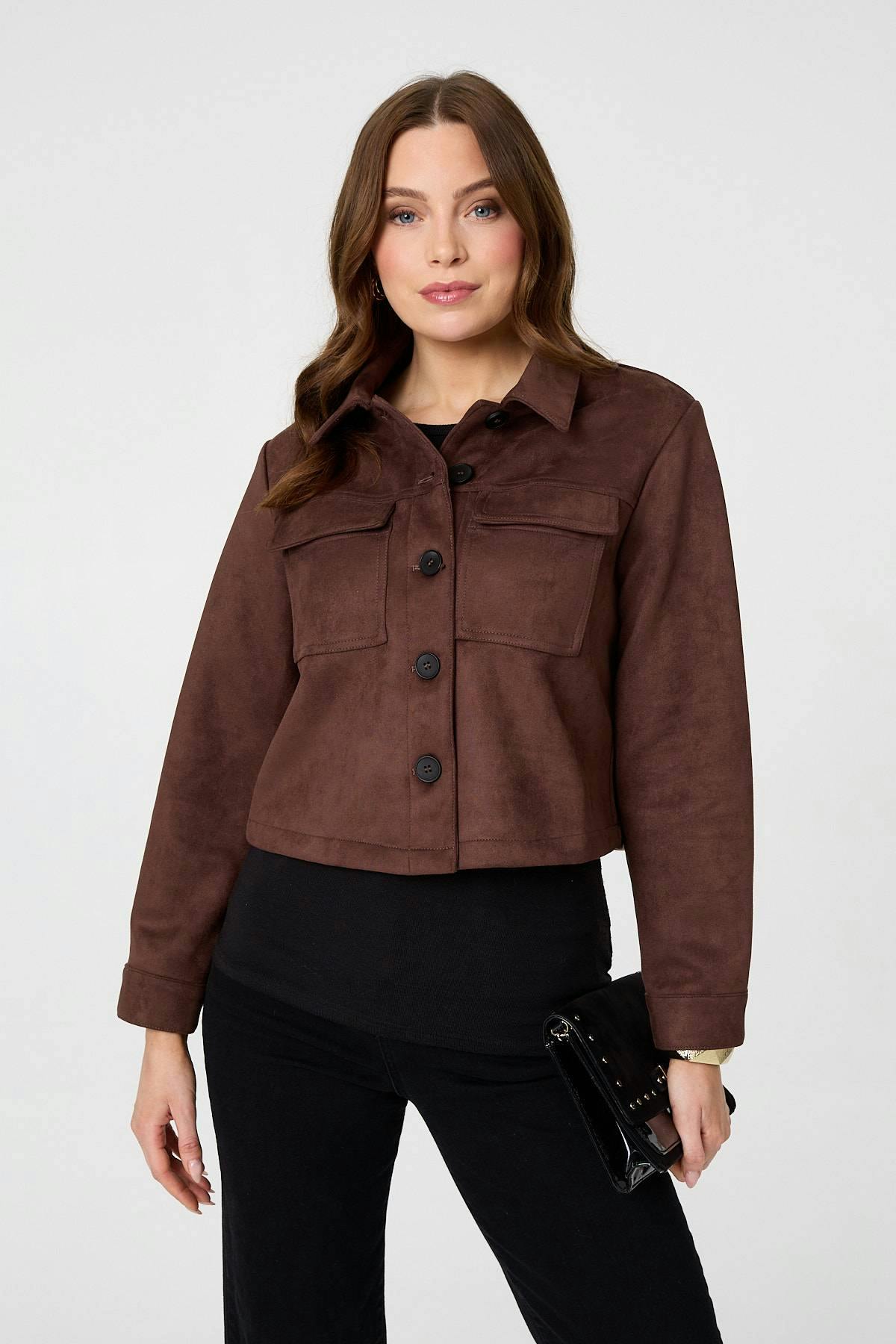 Izabel London Brown Faux Suede Cropped Boxy Jacket - 18