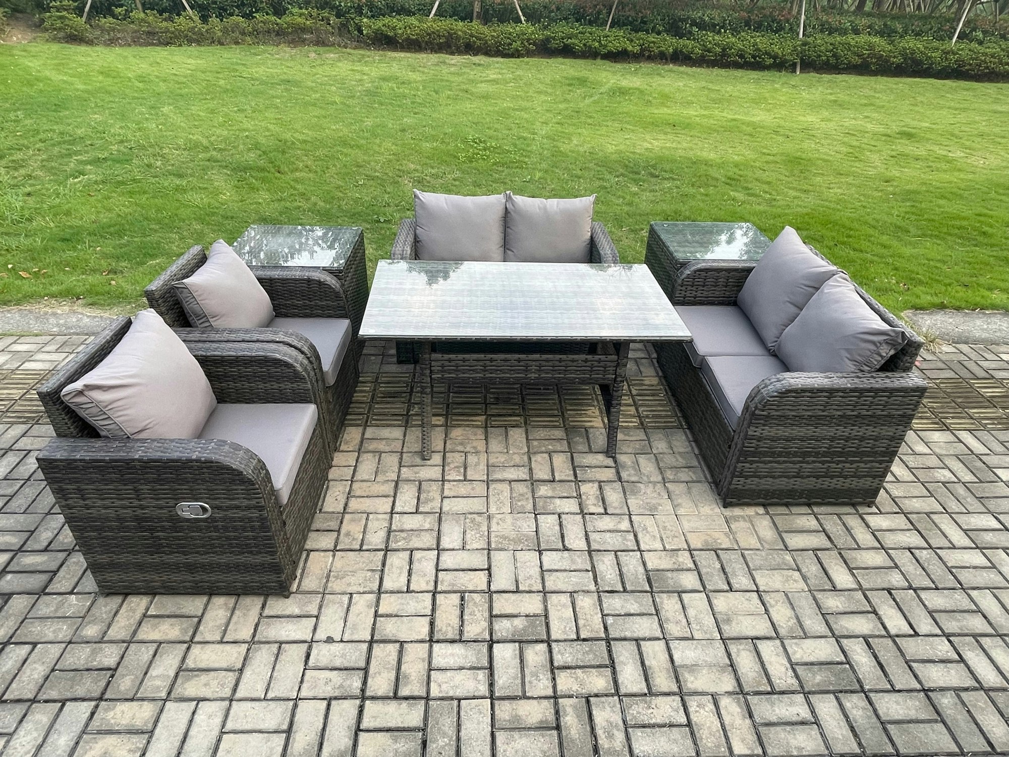 Rackhams Dark/Grey Rattan Outdoor Furniture Garden Dining Set Rectangular Table And Chair Sofa Set With 2 Pc Side Tables Mixed
