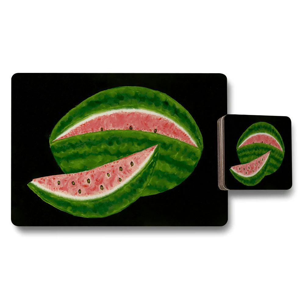 Benjamin Tate Design Black Watermelon Slice Placemats And Coasters Set For Kitchen Dining Table