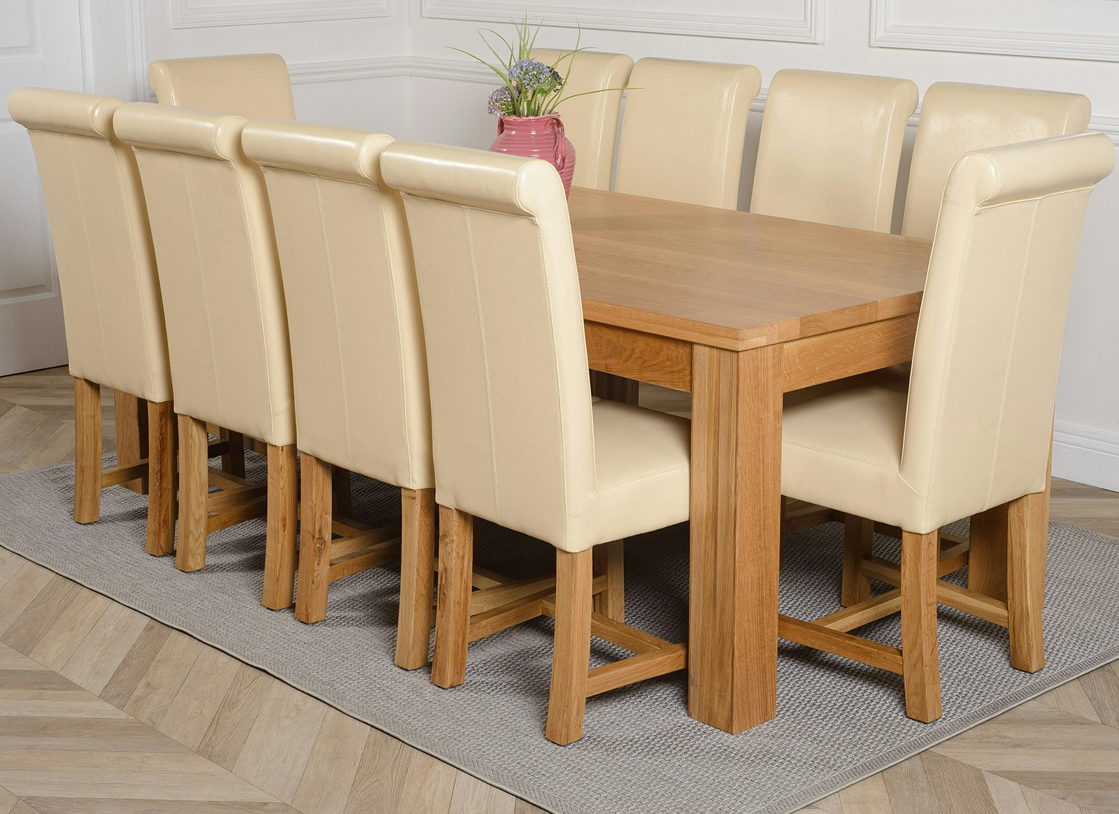 Rackhams Ivory Dakota Extra Large Oak Dining Table With Washington Leather Chairs - 10 Chairs