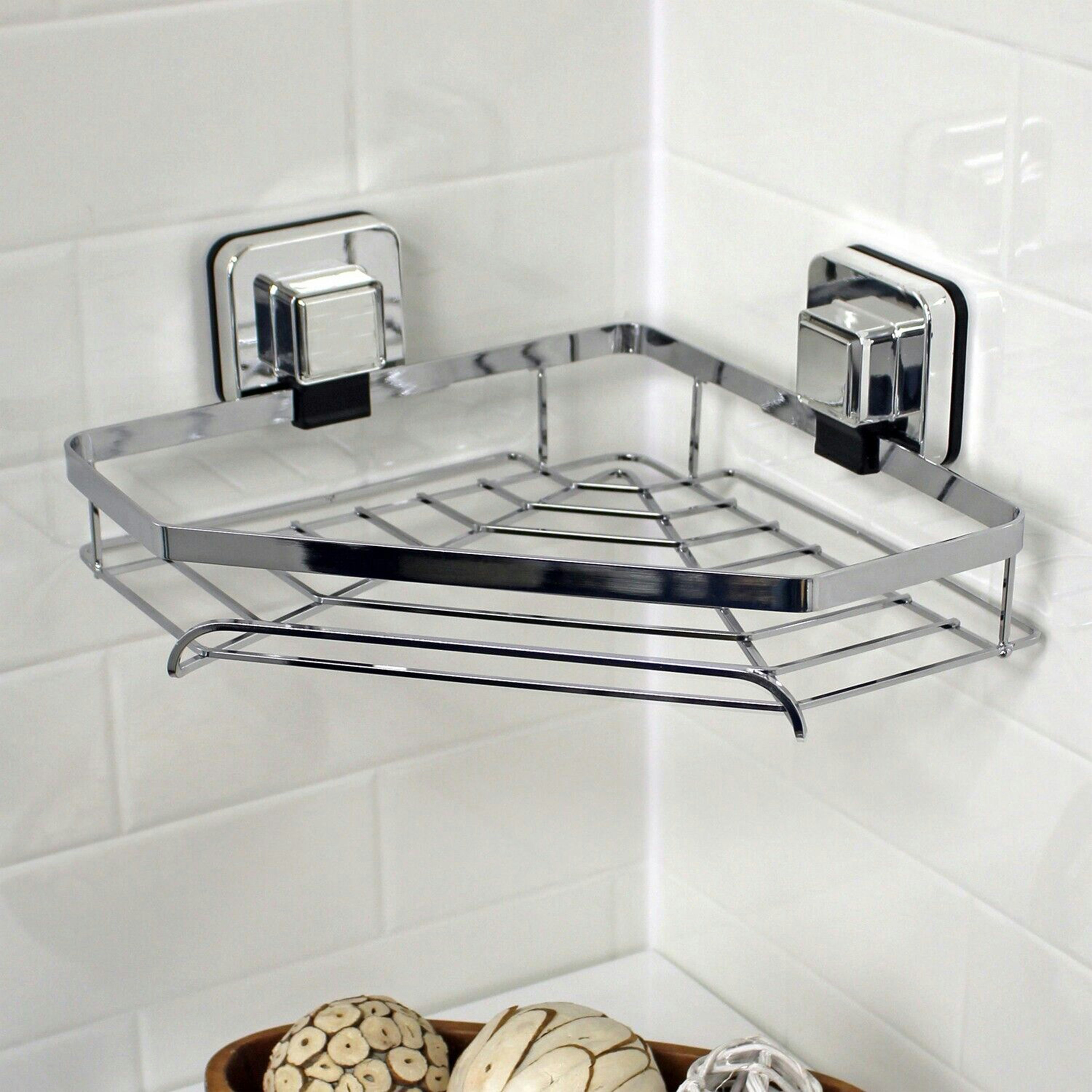 Showerdrape Red Pushloc Stainless Steel Suction Wall Mounted Corner Basket