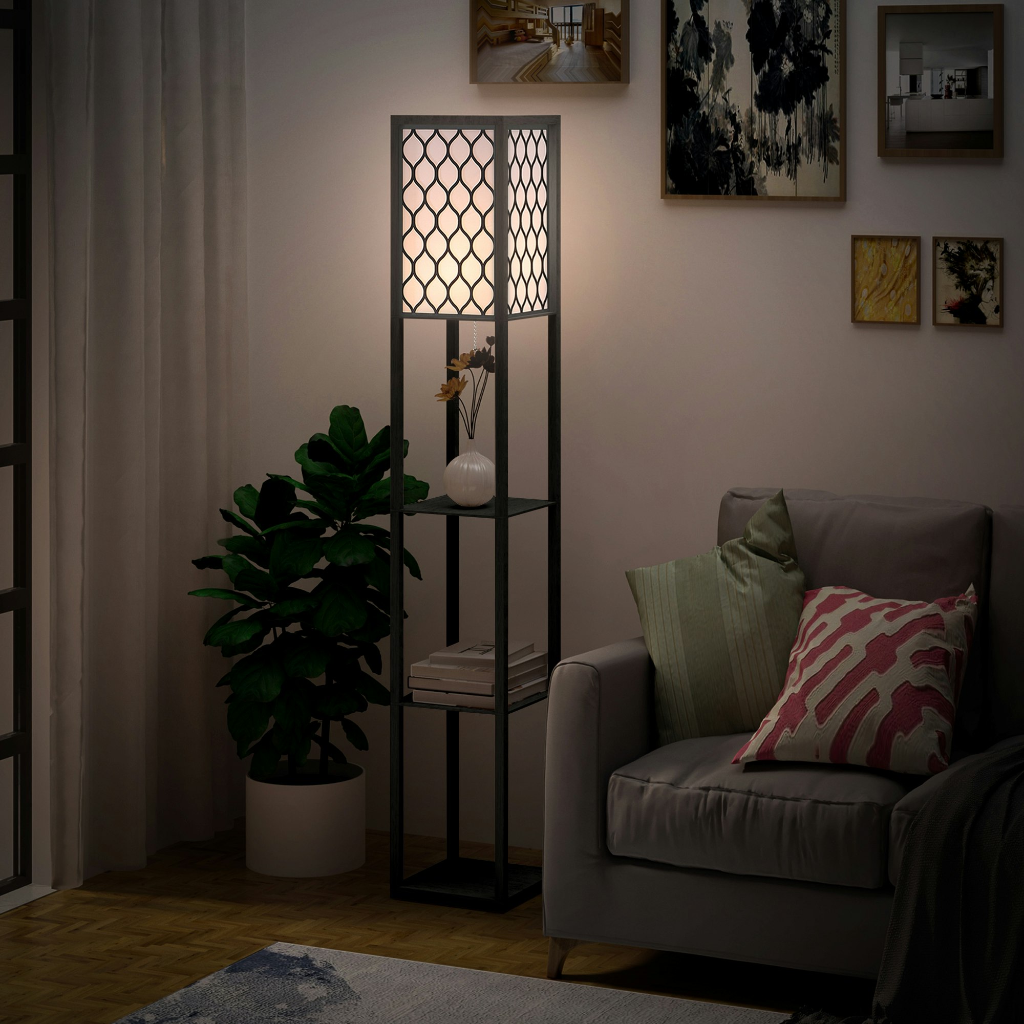 Rackhams Black/Light Modern Floor Lamp With 4-Tier Open Shelves Storage Display