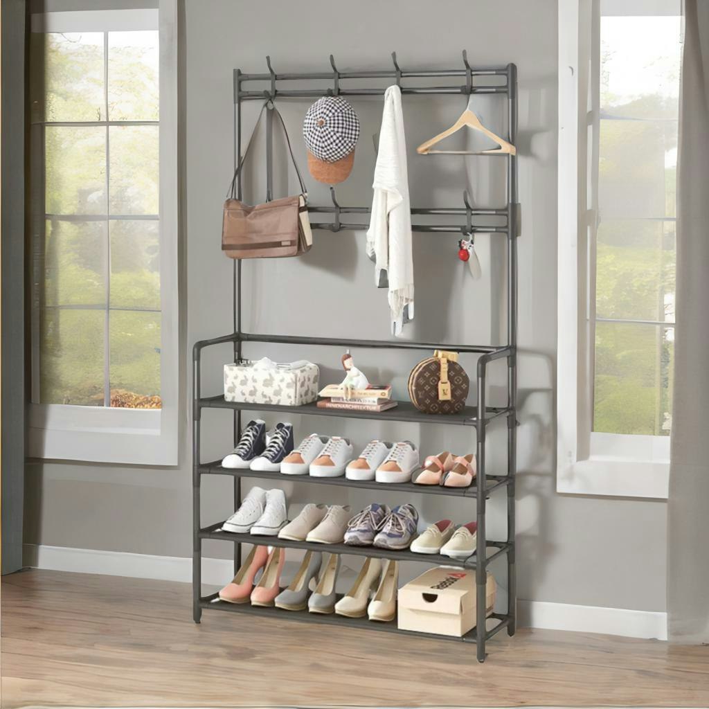 Rafaelo Mobilia Black Wide Industrial Metal Hall Tree Shoe Rack With Clothes Hangers