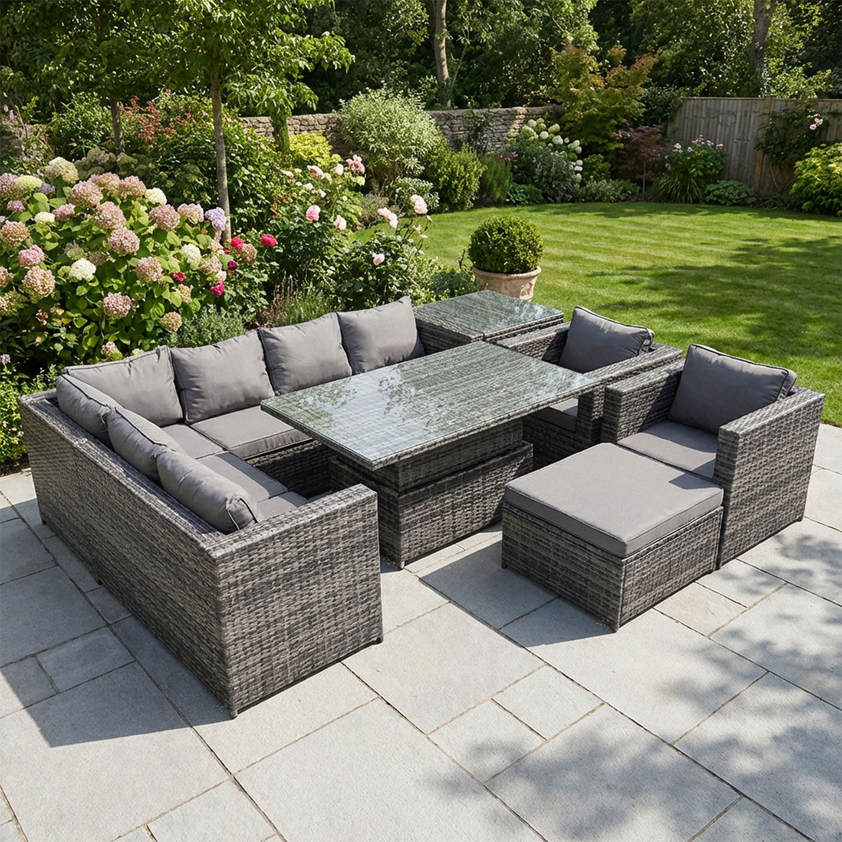 Rackhams Dark/Grey 9 Seater Rattan Garden Furniture Set With Height Adjustable Rising Dining Table, Corner Sofa, Stool & Side Table - Mixed